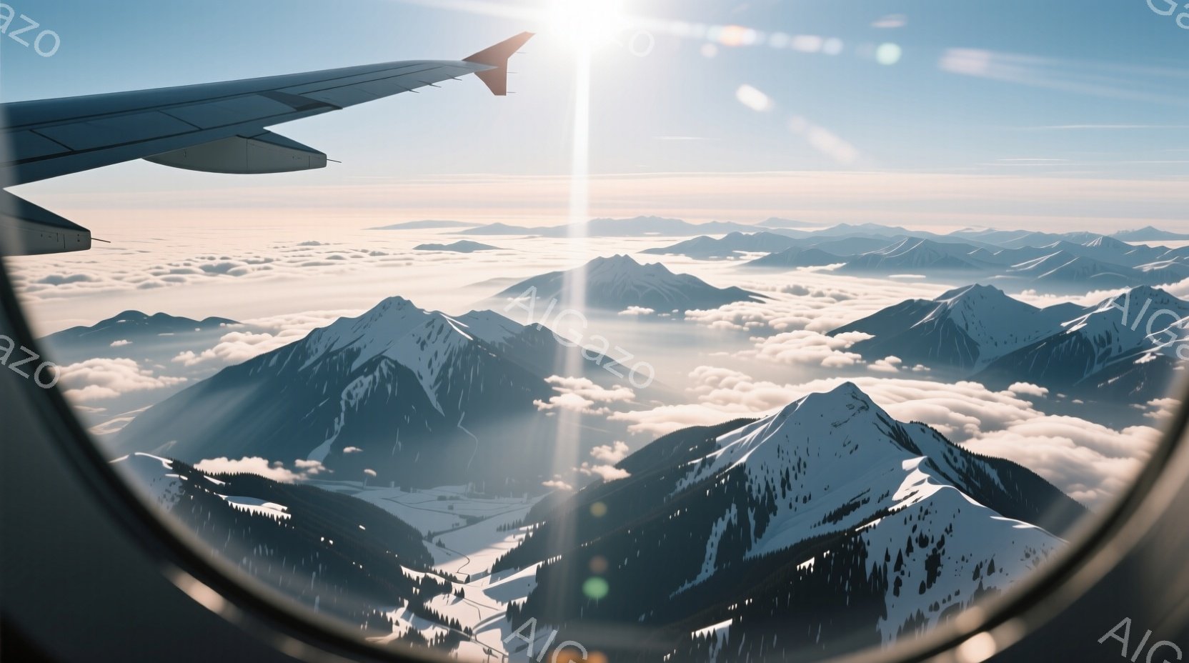 雲海からそびえ立つ雪を頂いた山々が、広角の窓を通して見えている。強い太陽光がレンズに反射し、画面全体に光の筋が走っている。冬の穏やかな空気を感じさせる、静かで荘厳な風景だ。