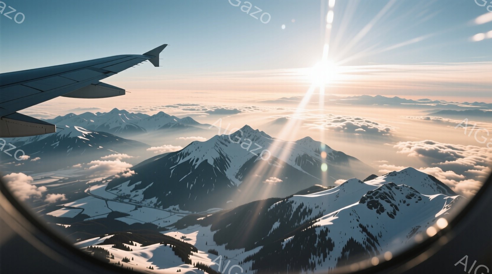 雲海と雪山が広がる壮大な景色が、飛行機の窓から見下ろせる風景写真です。雪をまとった山々は太陽の光を反射し、雲海にその影を落としています。強い日差しと白い雲のコントラストが、神秘的で美しい雰囲気を醸し出しています。