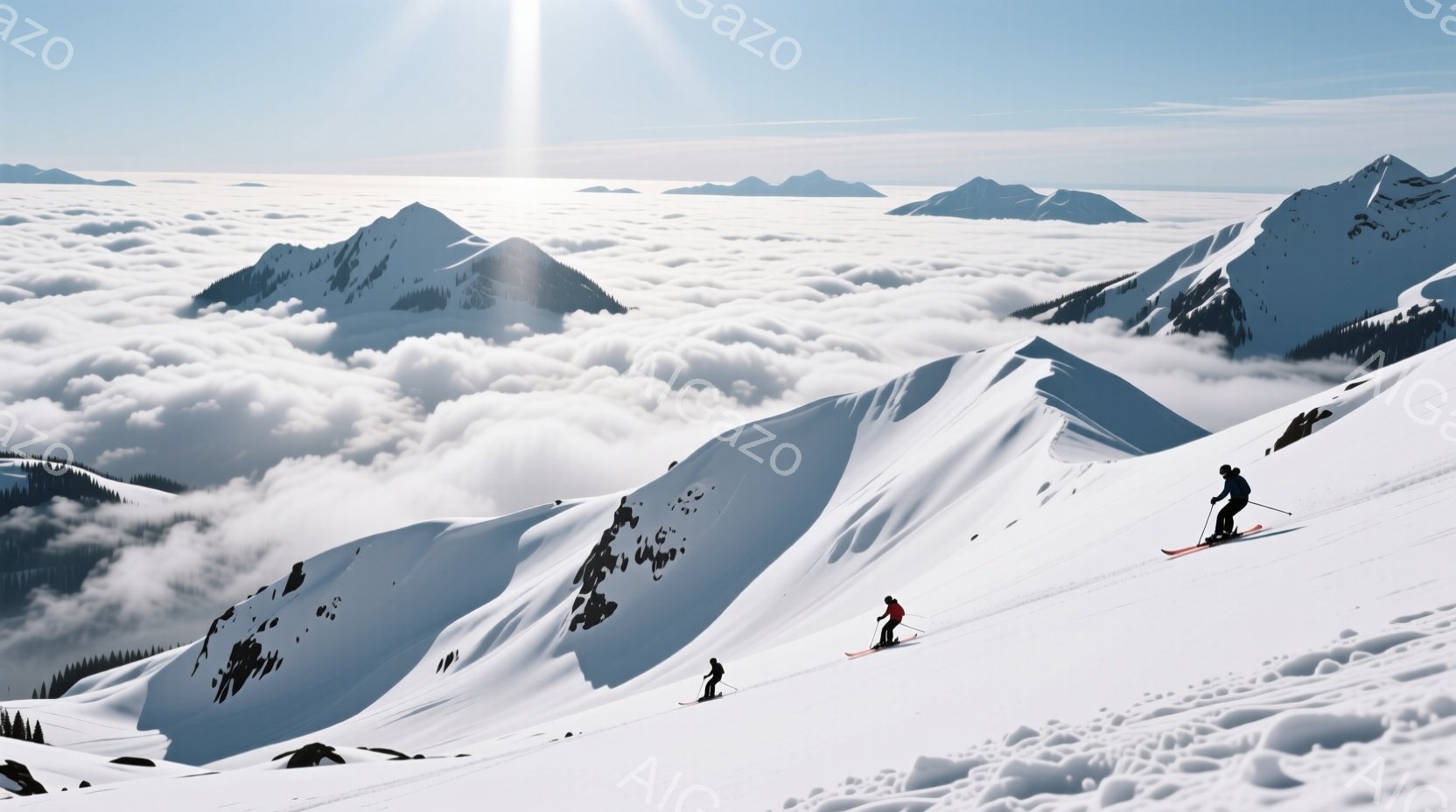 晴れた空の下、雪山をスキーヤーたちが滑走している様子が写っている。彼らは黒いスキーウェアとゴーグルを着用し、雪面を滑ることに集中しており、表情は読み取れない。背景には雲海が広がり、雪山の稜線が浮かび上 - AI生成フリー素材