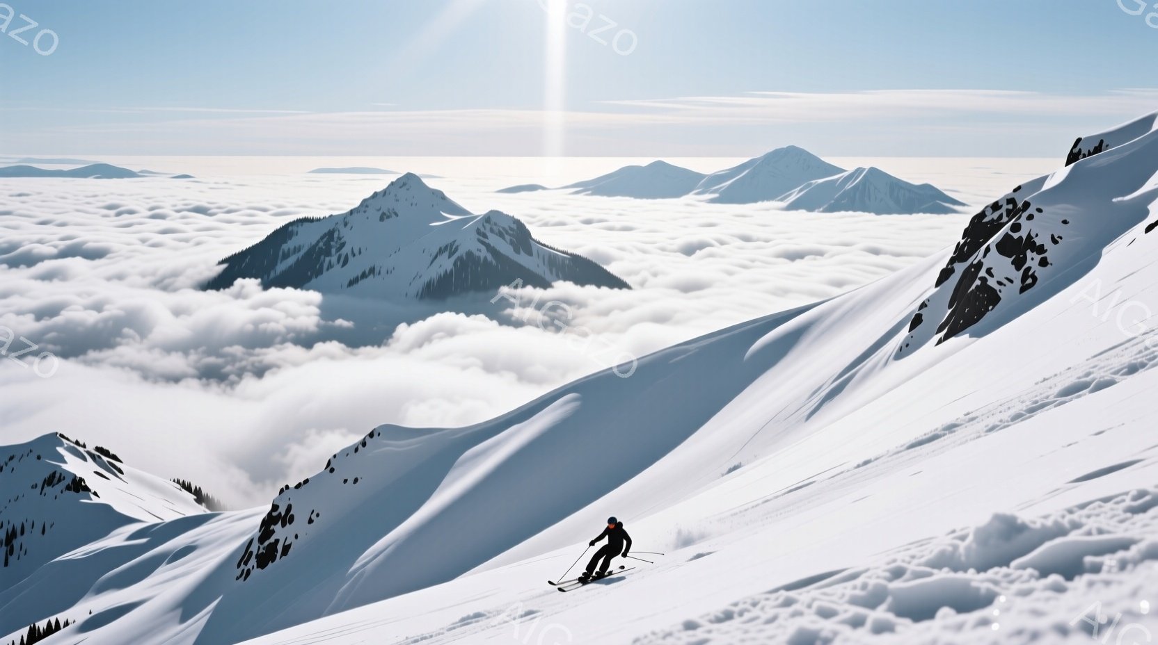 鮮やかな雪山を背景に、スキーヤーが斜面を滑走している様子が捉えられています。スキーヤーは黒いスキーウェアとヘルメットを着用し、滑走に集中した姿勢でスピードに乗っています。眼下には雲海が広がり、周囲の山 - AI生成フリー素材