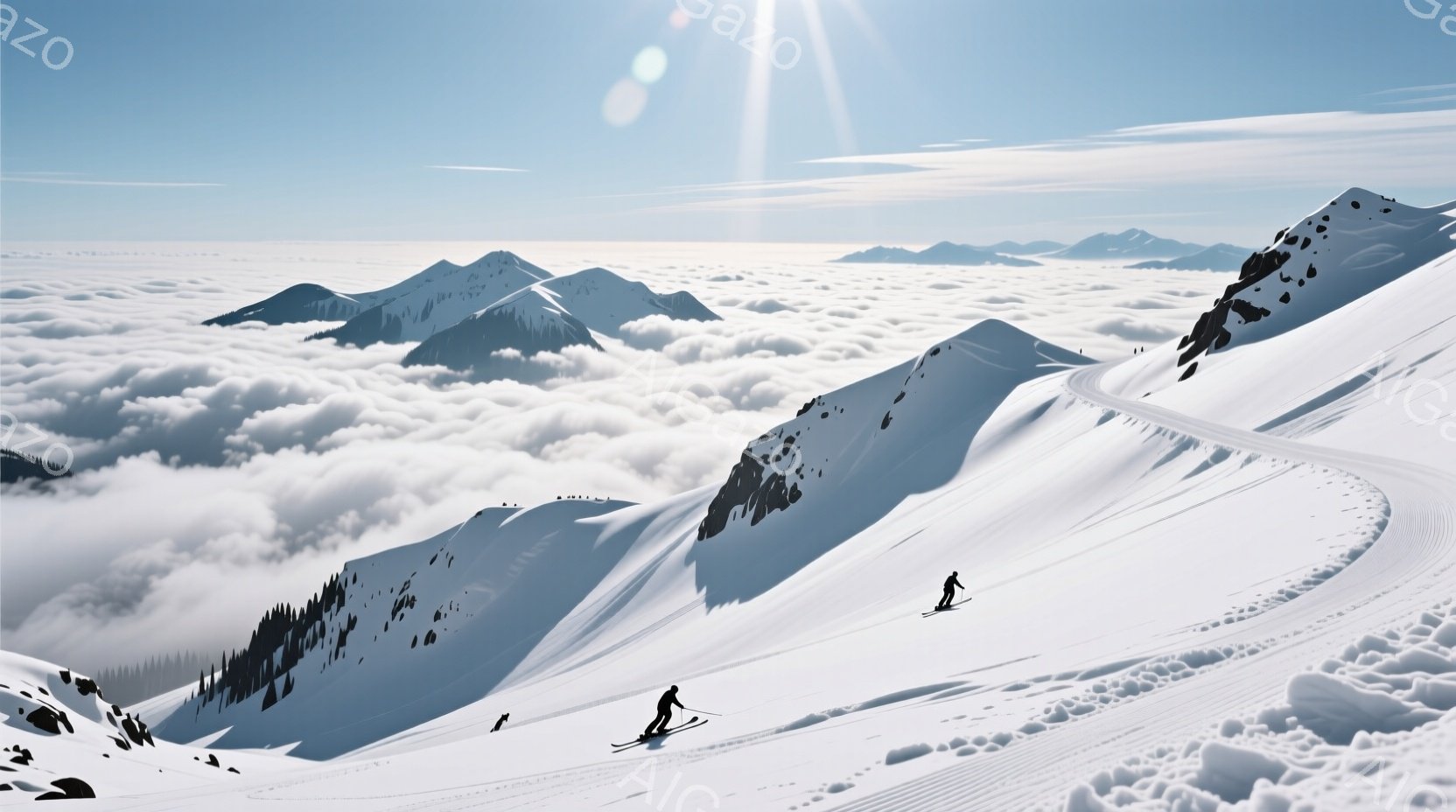 雪山を数人のスキーヤーが滑走している様子が写っている。彼らは黒いスキーウェアを着用し、背景には雲海が広がり、遠くには雪を頂いた山々が連なっている。全体的に晴天で、爽やかで雄大な雰囲気である。