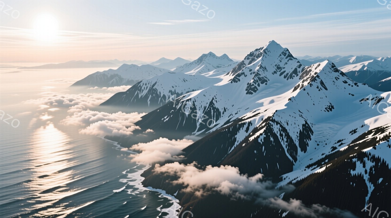 白く雪をまとった山々が連なり、その麓には青い海が広がっている。太陽の光が雪山を照らし、海面にはキラキラとした光が反射し、幻想的な雰囲気を醸し出している。雲が山腹に接するように漂い、壮大な自然の風景が広 - AI生成フリー素材