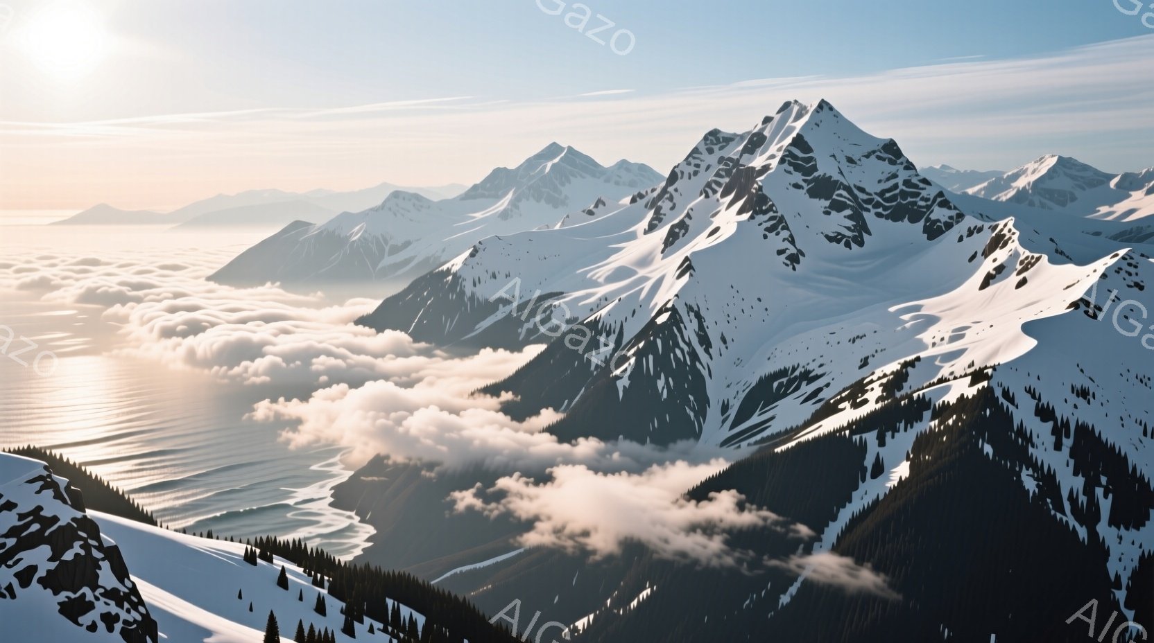 白い雪に覆われた山々が連なり、谷間には雲海が広がっている壮大な風景です。朝日に照らされた雪の稜線は輝き、冷たく澄んだ空気を感じさせます。手前に見える山肌には針葉樹林が点在し、自然の力強さを際立たせてい - AI生成フリー素材