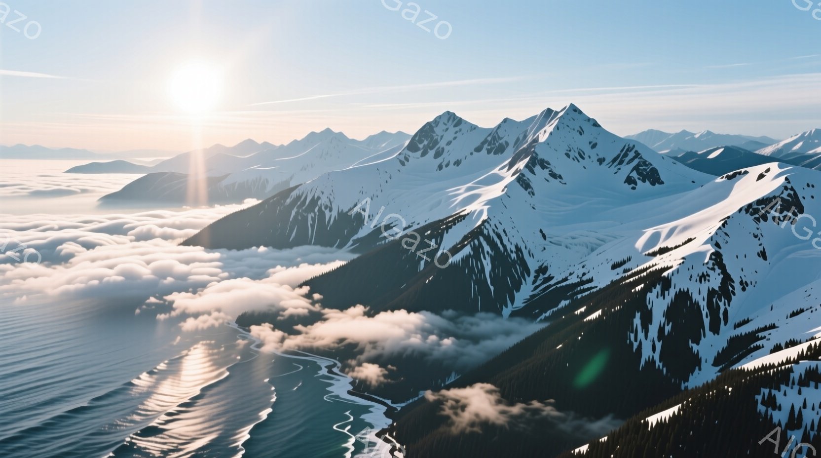 雪をまとった山々が連なり、深い渓谷を縫うように流れる川が印象的な風景です。山肌は雪に覆われ、一部は岩肌が露出しており、対照的な景色を作り出しています。空には雲が広がり、太陽の光が雲間から差し込み、幻想的な雰囲気を醸し出しています。