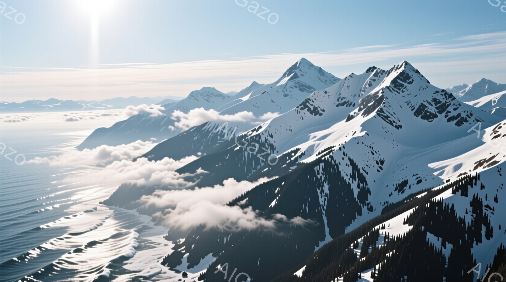 白く雪に覆われた険しい山々が連なり、麓には雲海が広がっている。山肌には暗緑色の針葉樹林が点在し、雪と雲、緑のコントラストが美しい景色を作り出している。空は晴れ渡り、太陽の光が雪山を照らし、静寂で荘厳な - AI生成フリー素材
