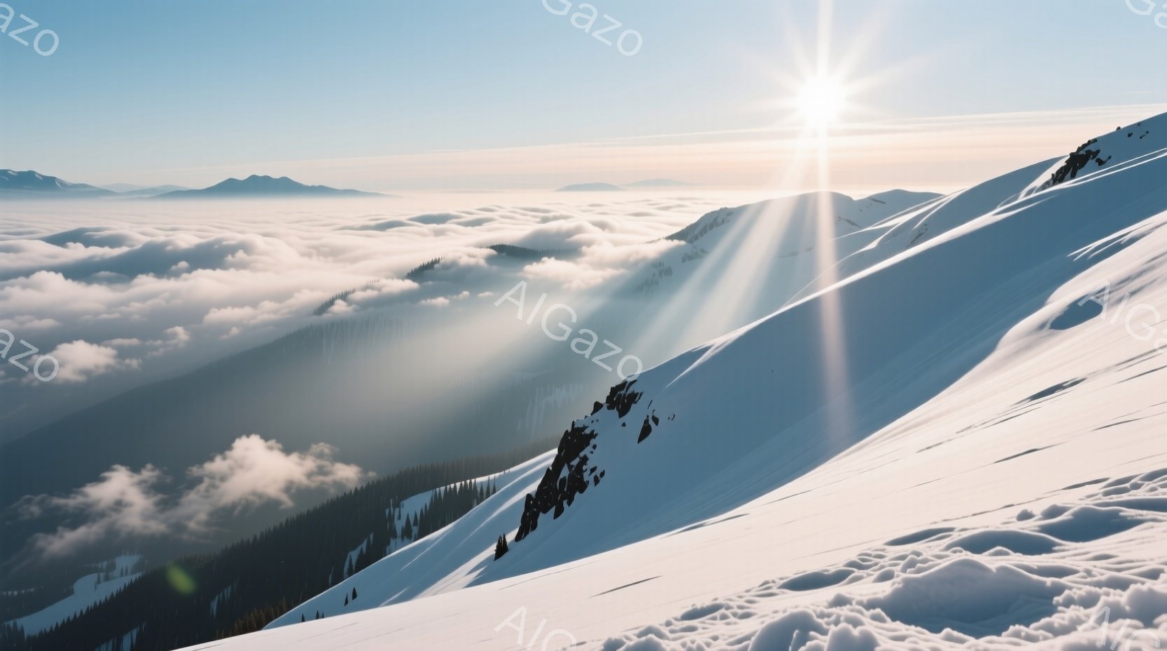 太陽の光が雲海を照らし出す、雪山の風景です。雪面は太陽光で輝き、遠くの山々は雲海から顔を覗かせています。全体的に静寂で神秘的な雰囲気が漂い、冬の自然の壮大さを感じさせます。 - AI生成フリー素材