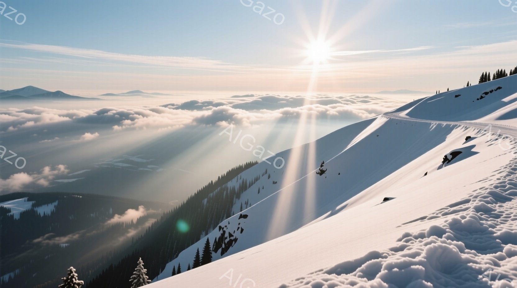 輝く太陽光線が雪山を照らし、うねるような雪の稜線が広がる壮大な風景です。深い森は雪に覆われ、下には雲海が広がり、静寂と神秘的な雰囲気を醸し出しています。日中の雪山の鮮やかな光と影は、自然の美しさを際立たせています。
