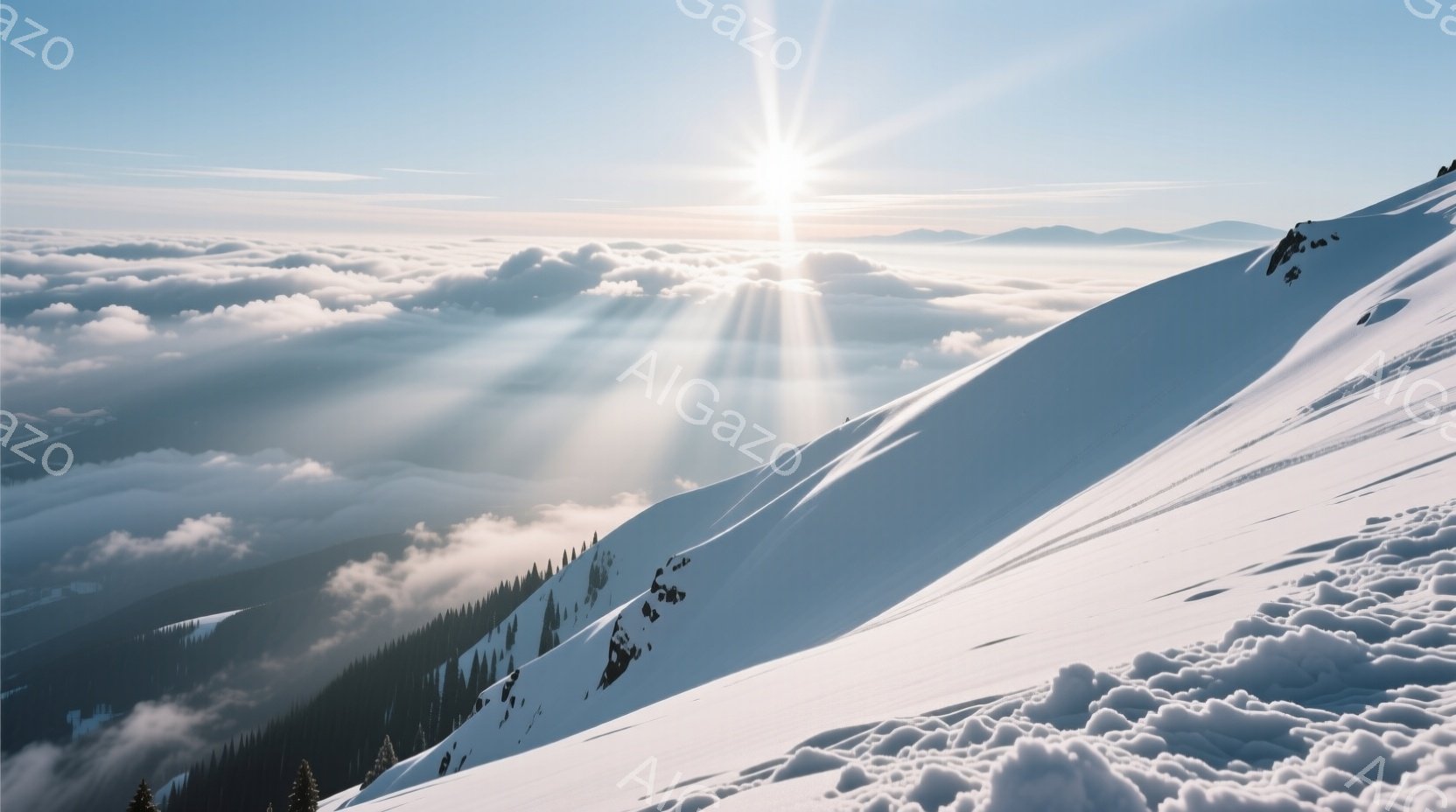 雪をまとった山々が広がり、眼下には雲海が広がっている。太陽が雲間から差し込み、雪面に美しい光の筋が伸びている。全体的に静寂で荘厳な雰囲気で、冬の自然の美しさが際立っている。