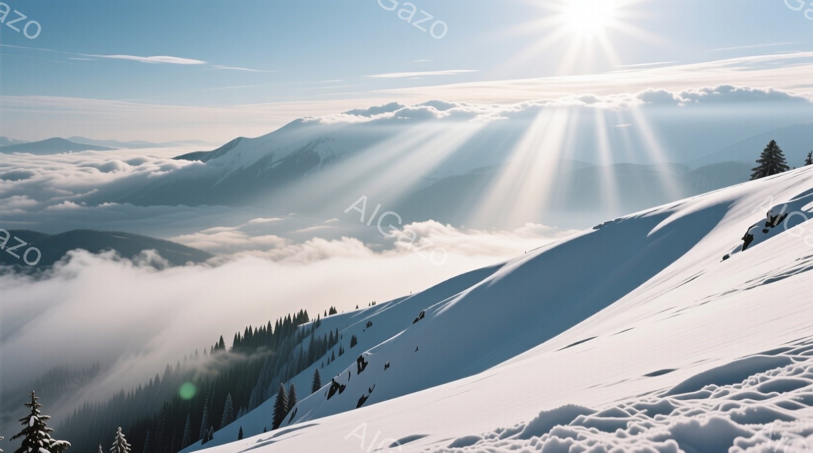 白い雪に覆われた山々が壮大な景色を形成しており、雲海から山頂が突き出て、太陽光線が雲の間から放射状に降り注いでいる。雪の表面には影が入り組み、起伏のある地形が強調されている。全体的に、静寂で神秘的な、自然の力を感じる風景である。