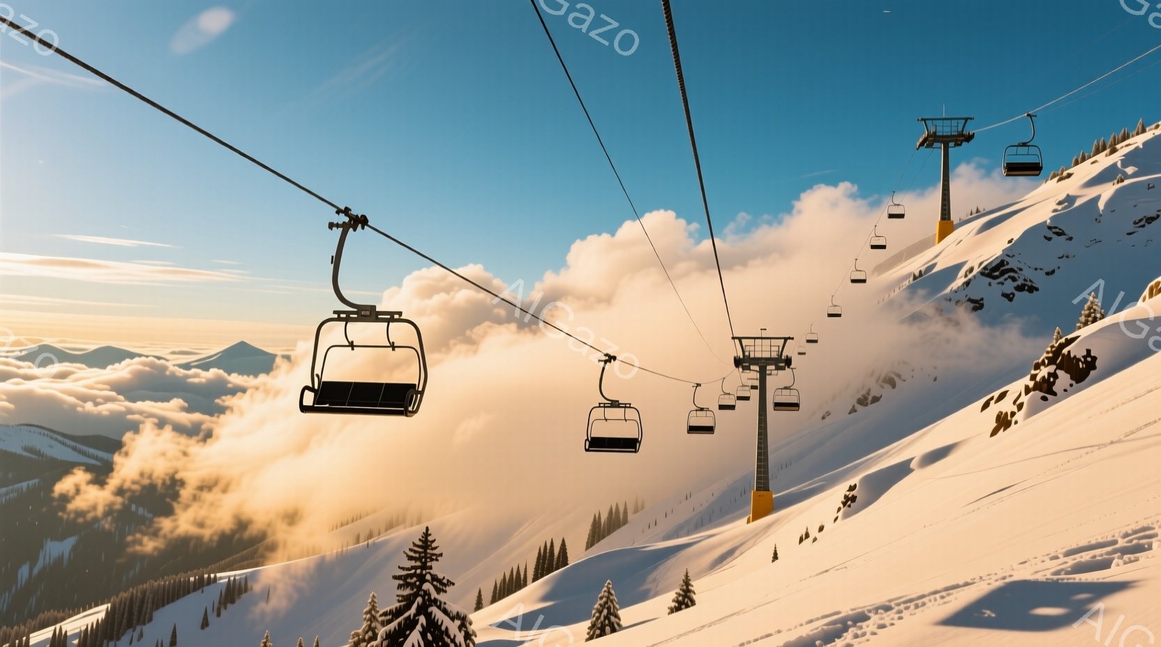 雪に覆われた山斜面には、スキーリフトが連なって設置されており、数台のゴンドラがリフトの上を滑らかに移動している。背景には雲海が広がり、遠くには山々が薄ぼんやりと見える暖かく穏やかな雰囲気の冬景色だ。針葉樹が雪の中に点在し、冬の静寂と自然の美しさを強調している。