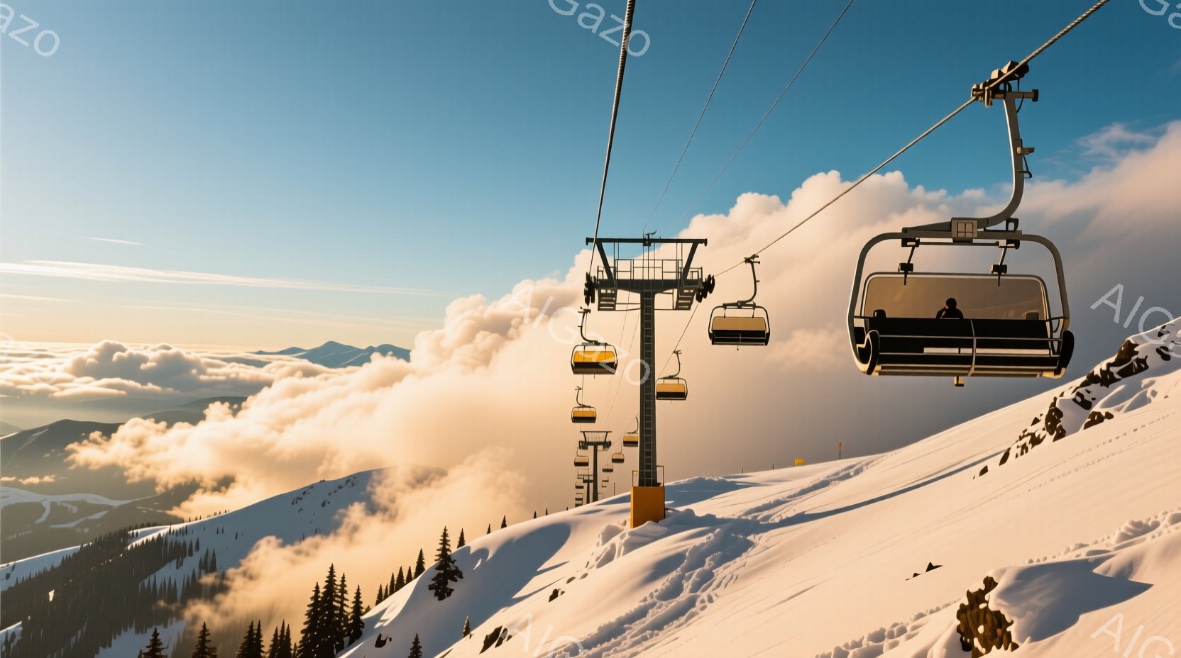 雪山を背景に、スキーリフトが運行している様子が写っている。リフトには数人の乗客が座っており、暖かい服装でスキーを楽しもうとしている様子が伺える。背景には雲海が広がり、太陽の光が雪山を照らし出す、幻想的な冬の風景が広がっている。