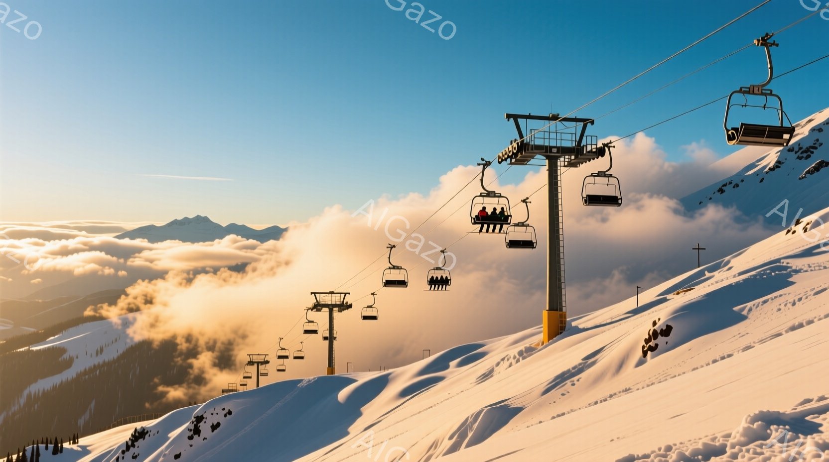 鮮やかな青空の下、雪山を背景にスキーリフトが並んでいる。リフトに乗っている人々は冬の服装で、楽しそうな表情をしているようには見えないが、遠くからでは判断できない。背景には雲海が広がり、山々の輪郭がぼんやりと見える、冬の静かで美しい風景である。