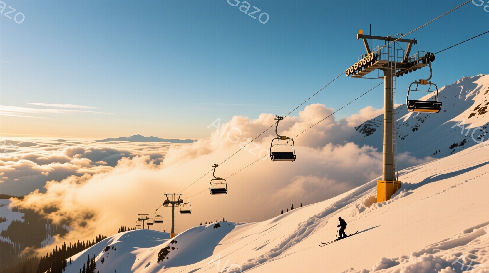 雪山を背景にスキーリフトが並び、一台のスキーヤーが斜面を滑走している様子が描かれています。空は晴れ、地平線付近に雲海が広がり、暖かい光が雪山を照らしています。スキーヤーは黒いウェアを着用し、ヘルメットをかぶり、滑降に集中した姿勢で、爽やかな冬の風景が広がっています。