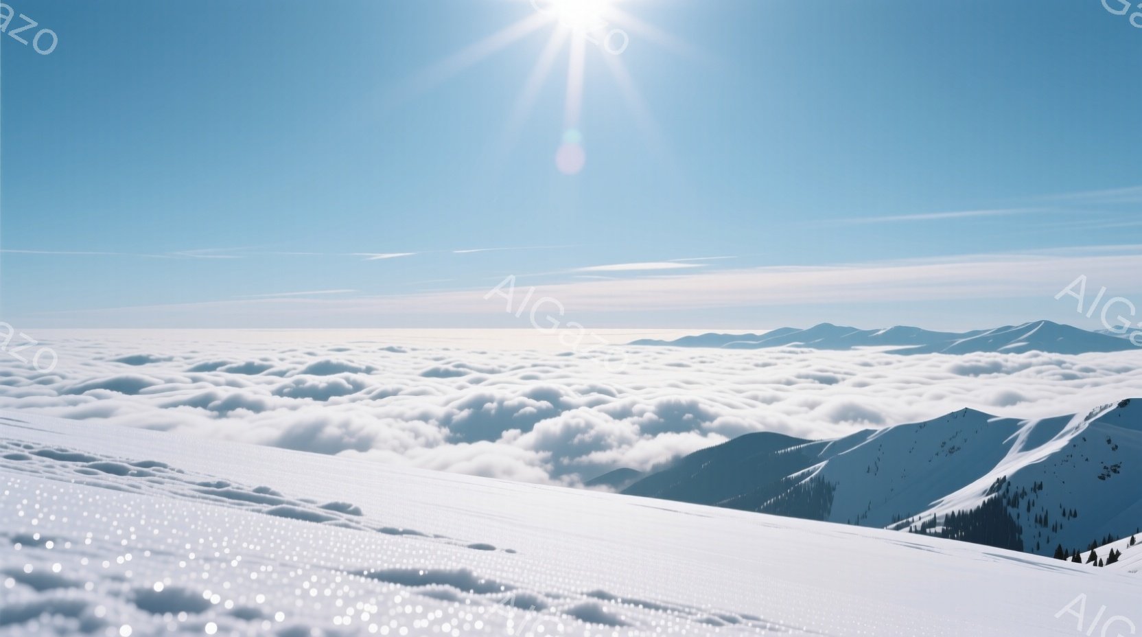 雲海が広がる雪山の風景で、雪原が手前に広がり、遠くには雪を頂いた山々が連なっている。太陽は雲海の上から輝き、雪面はキラキラと光を反射しており、静かで幻想的な雰囲気を醸し出している。全体的に澄んだ空気と - AI生成フリー素材
