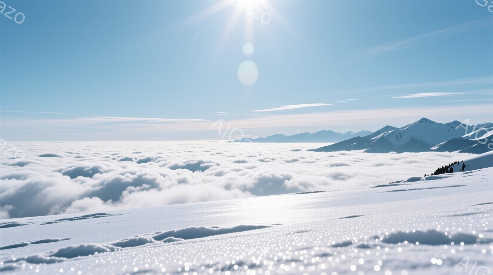 広大な雪原が広がり、まるで雲海のように白い雲が足元に広がっている。遠景には雪を頂いた山々が連なり、青空と白い雲、雪原のコントラストが美しい風景を作り出している。太陽の光が雪原を照らし、きらきらと輝く様 - AI生成フリー素材