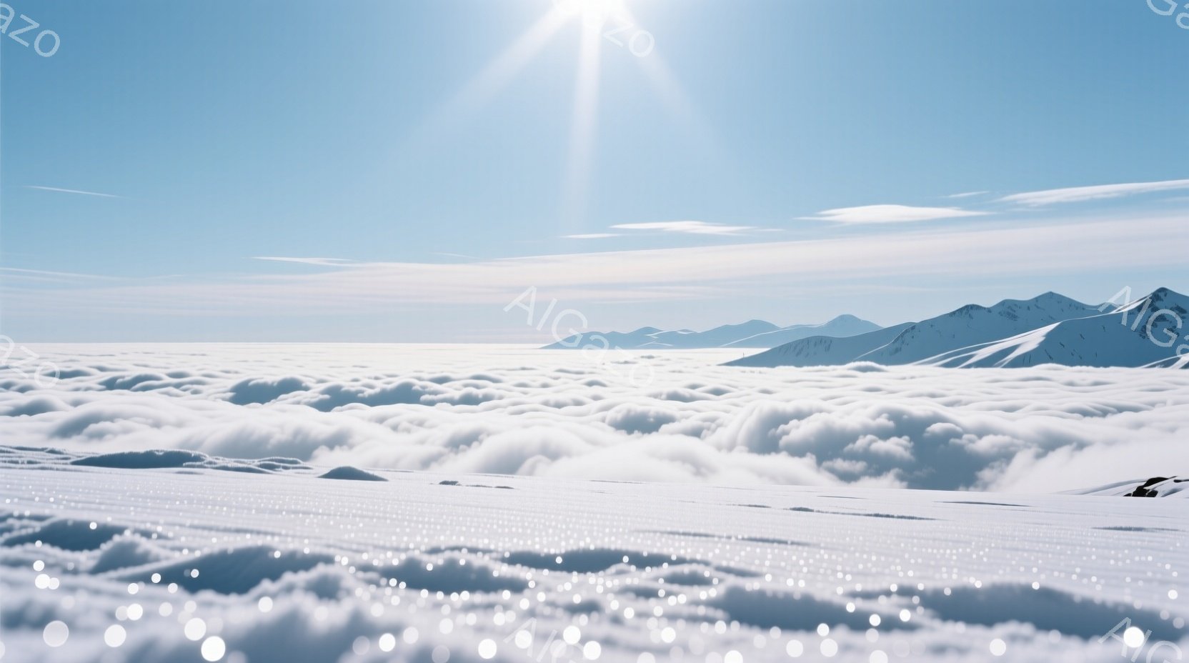雲海の上にそびえ立つ雪を抱いた山々が印象的な光景です。眼下には厚い雲海が広がり、まるで白い波のようにも見えます。晴天の下、太陽の光が雲海と雪山を照らし出し、静寂で幻想的な雰囲気を醸し出しています。 - AI生成フリー素材