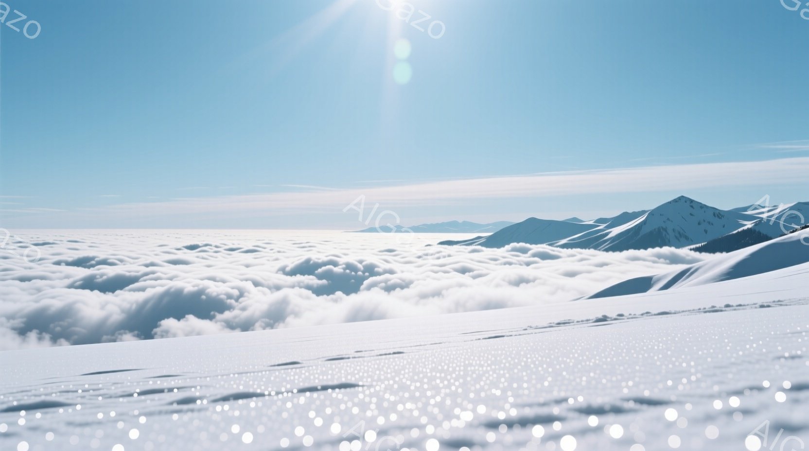 目の前に広がる雪原は、太陽の光を受けてキラキラと輝き、まるでダイヤモンドダストのようである。背景には厚い雲海が広がり、その上に雪を頂いた山々が浮かび上がり、幻想的な風景を作り出している。空は澄み切った青色で、雪と雲のコントラストが美しい、静かで穏やかな冬の日の光景である。