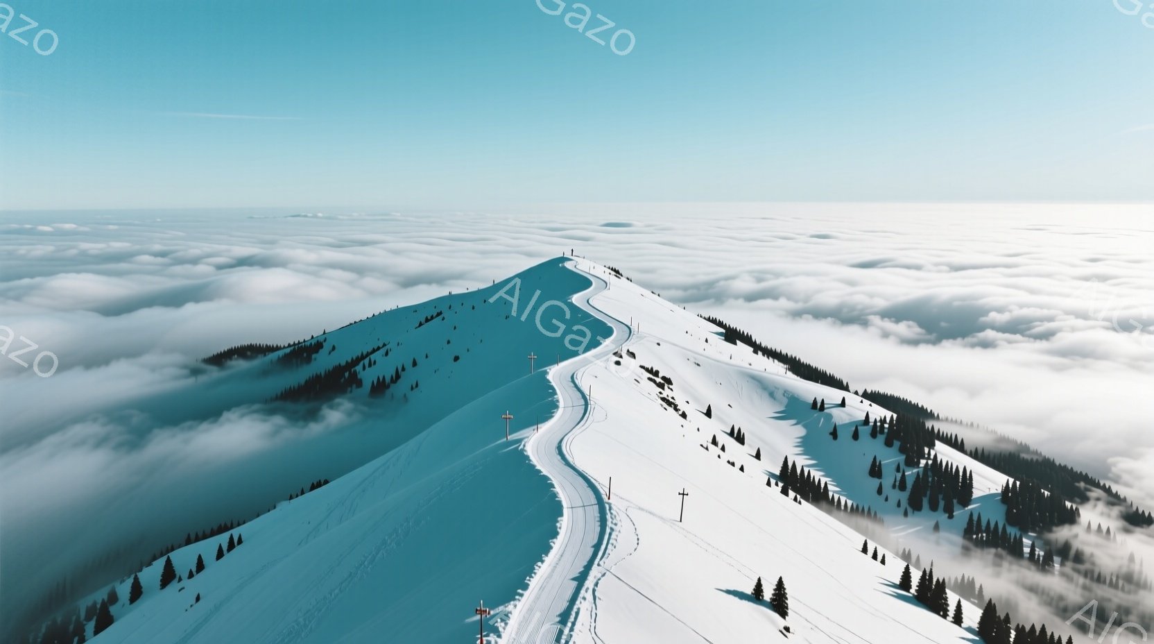 白一面の雪山が広がり、スキーコースがその斜面を蛇行するように走っている。針葉樹の森が山肌を覆い、コースの脇にはスキーリフトのポールが点在している。下には雲海が広がり、まるで空を飛んでいるかのような壮大 - AI生成フリー素材