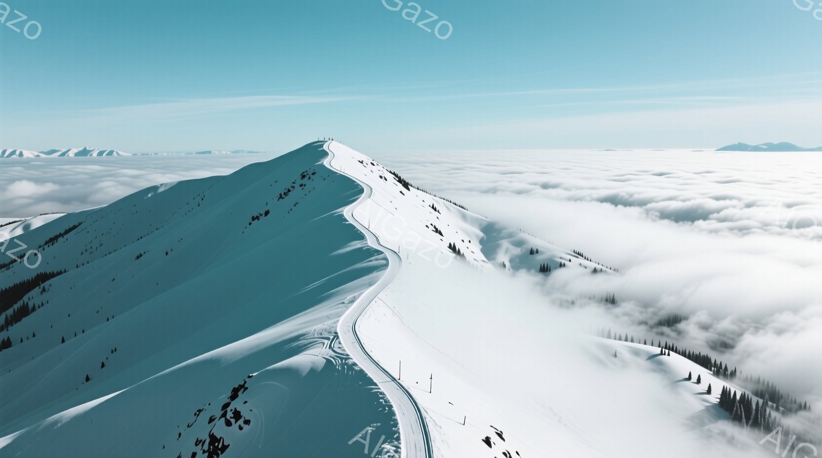 雪をまとった山頂が、まるで雲海に浮かぶ島のように見えます。スキー場らしき斜面には、数多くのスキーヤーの軌跡が線状に刻まれ、冬の躍動感が伝わってきます。背景には、より遠くの山々が薄ぼんやりと見え、静寂と壮大さを感じさせる景色です。