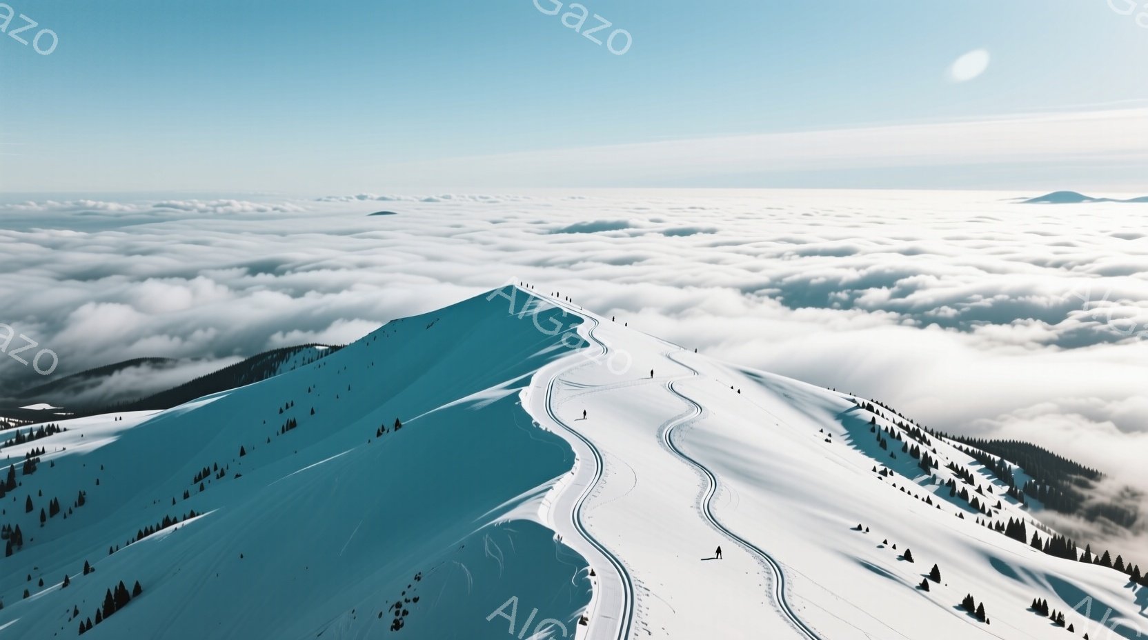 雪に覆われた山頂が広がり、スキーヤーの滑跡が印象的な白い斜面を縫うように伸びている。遠くには雲海が広がり、まるで海の上に浮かぶ島々のような風景を作り出している。全体的に静寂で穏やかな雰囲気が漂い、冬の澄んだ空気を感じさせる。
