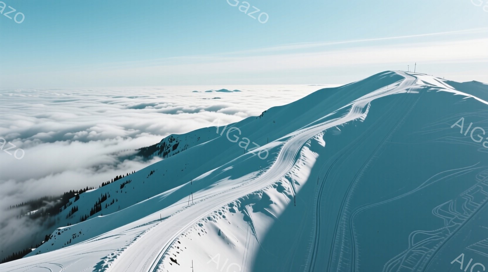 雪をまとった山々が広がり、スキーコースが蛇行するように描かれている。低い雲海が山裾を覆い、空は澄み切った青色で、冬の静寂と壮大さを感じさせる。コースには数本の滑跡が残り、静かな雪山に人々の活動が加わっ - AI生成フリー素材