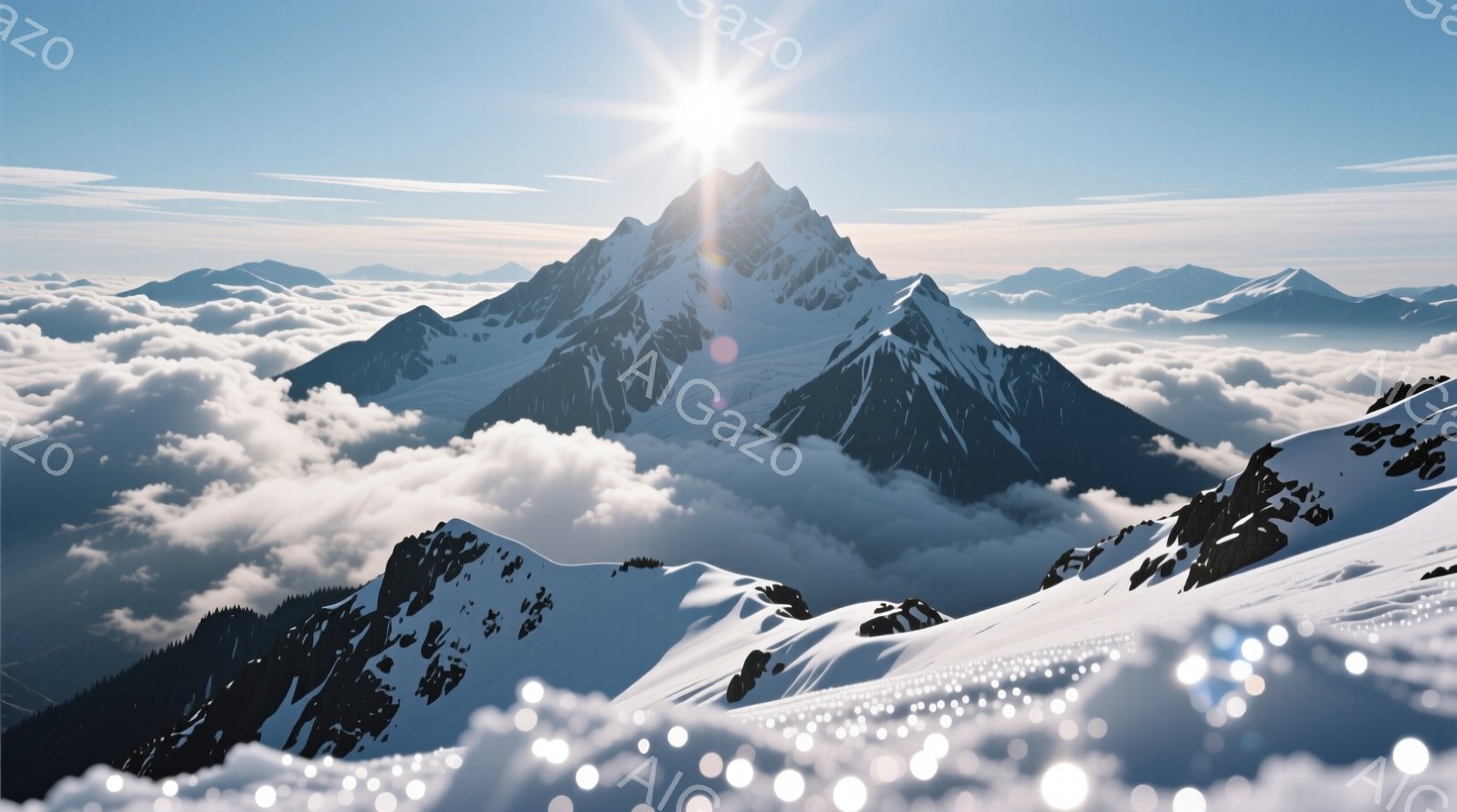 険しい雪山が雲海からそびえ立ち、太陽の光が雪面に反射してキラキラと輝いている。山肌は岩肌が露出しており、雪と岩のコントラストが美しい。全体的に静寂で荘厳な雰囲気が漂い、自然の雄大さを感じさせる。