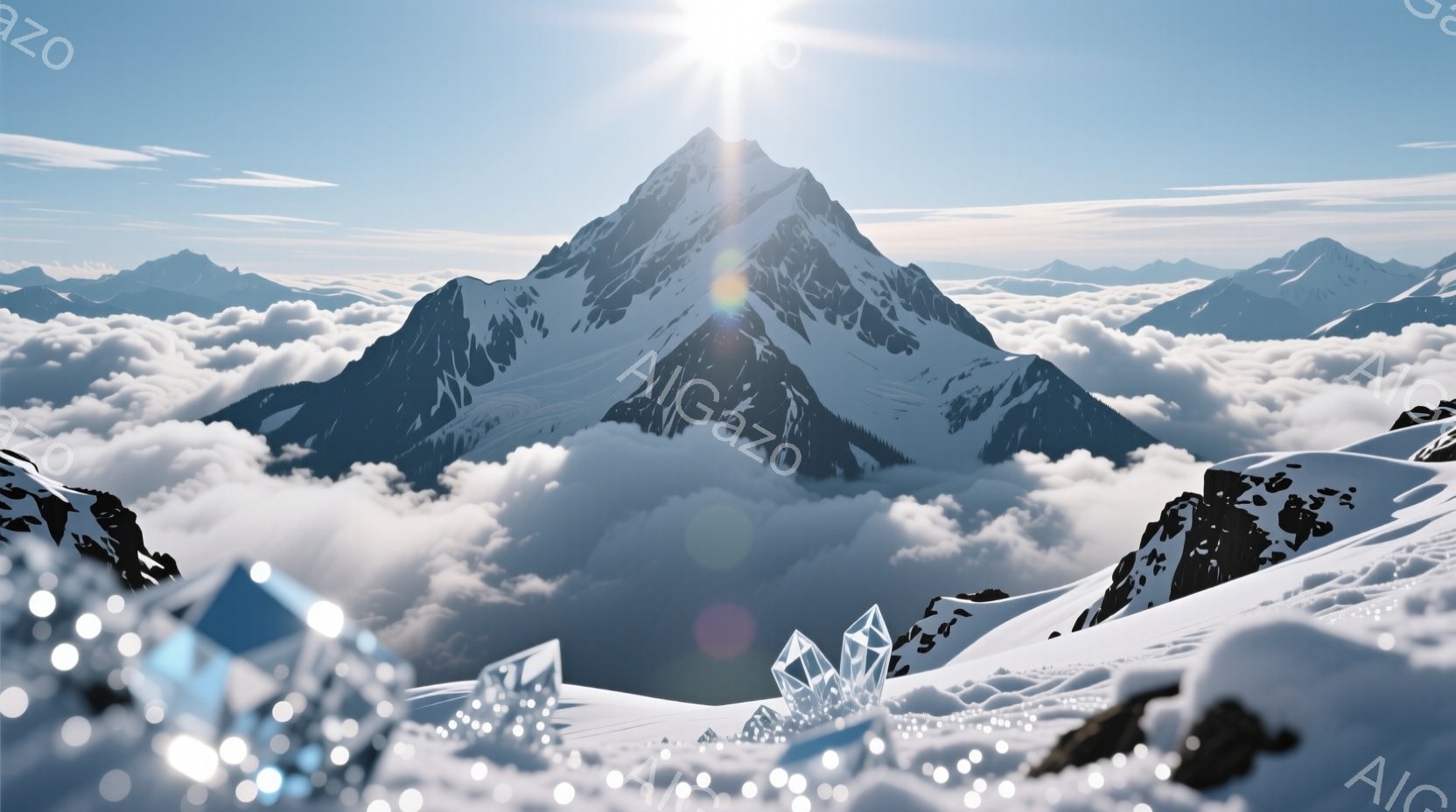 雪をまとった険しい山々が雲海からそびえ立ち、その頂は太陽の光を浴びて輝いている。画面手前には、氷の結晶のようなオブジェクトが散らばり、幻想的な雰囲気を醸し出している。全体的に冷たく、静謐で、神秘的な空 - AI生成フリー素材