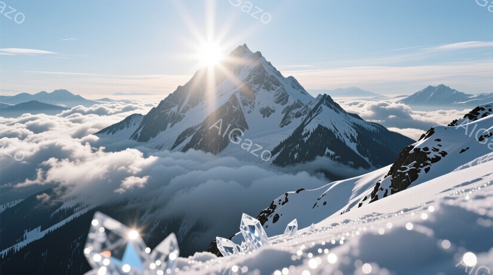 険しい雪山が雲海からそびえ立ち、太陽光が山頂を照らしている。前には氷の結晶のようなものが散らばり、幻想的な雰囲気を醸し出している。全体的に冷たく静謐な空気感で、自然の壮大さと美しさを感じさせる。 - AI生成フリー素材