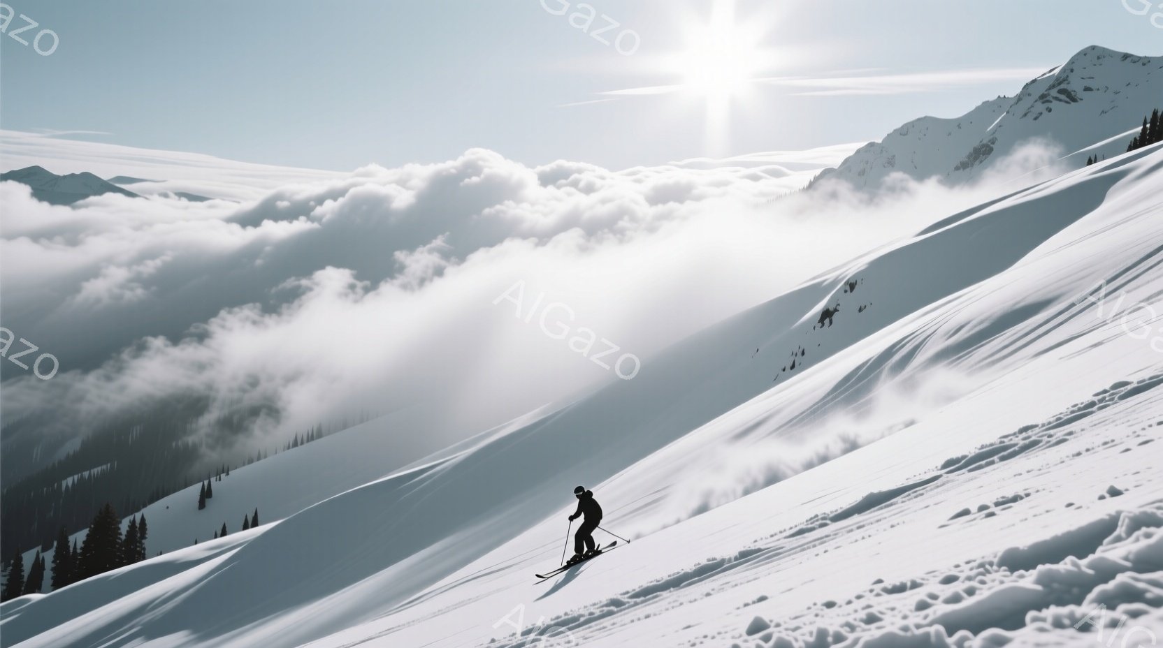 白く輝く雪山をスキーヤーが滑下している様子が捉えられている。黒いスキーウェアとヘルメットを着用したスキーヤーは、やや前傾姿勢で雪面を滑っている。背景には、雲海と雪を抱く山々が広がり、晴天の冬の日の壮大 - AI生成フリー素材