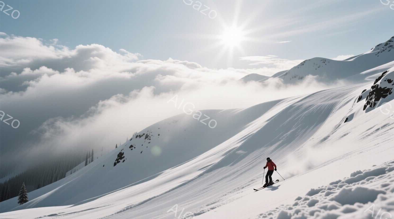 雪深い山をスキーヤーが滑走している様子が写っている。赤色のスキーウェアと黒いヘルメットを着用したスキーヤーは、斜面を下り、雪煙を上げている。背景には雲海が広がり、太陽の光が雲間から差し込み、壮大で美しい冬の景色を作り出している。