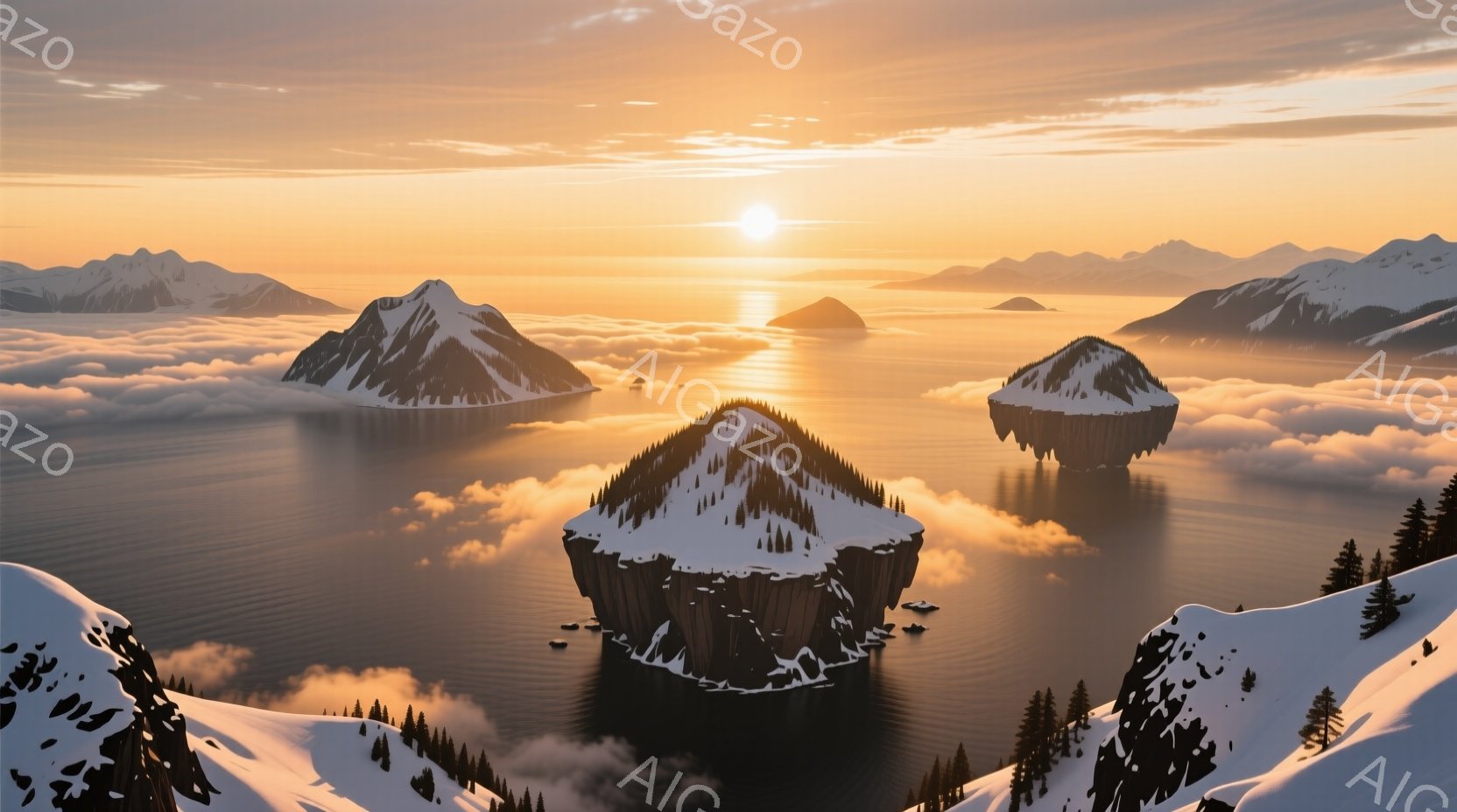 浮遊する雪山が、雲海に浮かび、黄金色の夕日に照らされている幻想的な風景です。山々は雪に覆われ、緑豊かな針葉樹林が麓を彩っています。穏やかで静謐な雰囲気で、まるで別世界に迷い込んだような感覚を呼び起こし - AI生成フリー素材