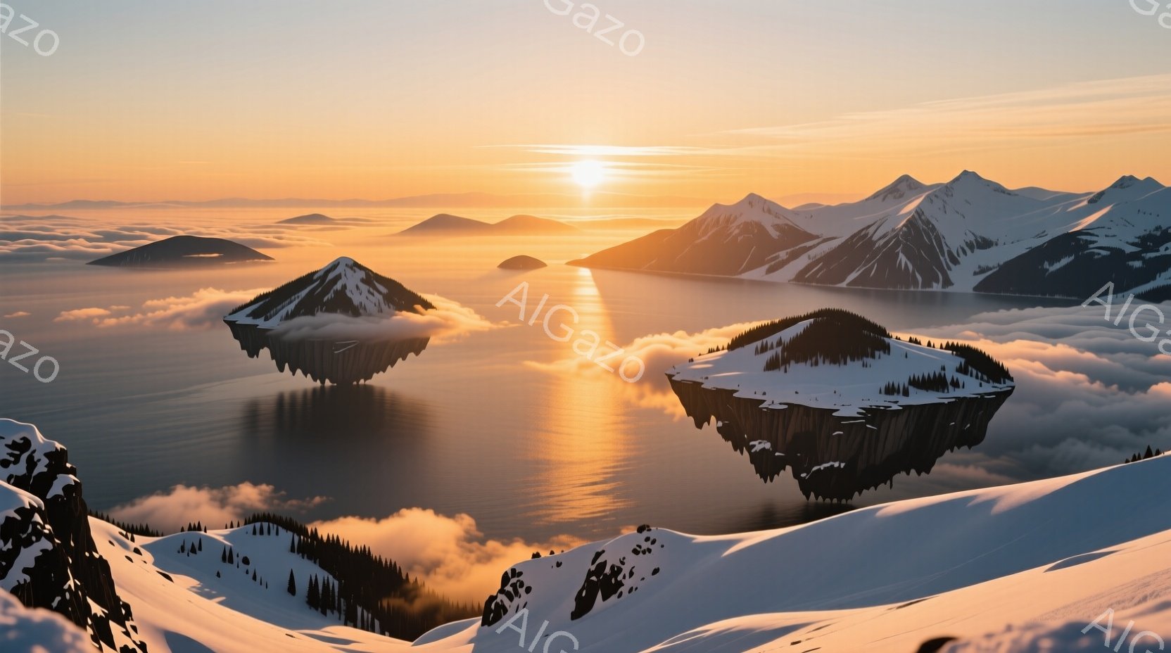 空中に浮かぶ雪を頂いた山々と、それらを囲む雲海が印象的な風景です。夕焼けの光が雲と水面を золотистоに染め上げ、幻想的で穏やかな雰囲気を醸し出しています。雪に覆われた山肌のコントラストが美しく、静寂の中に力強さを感じさせます。