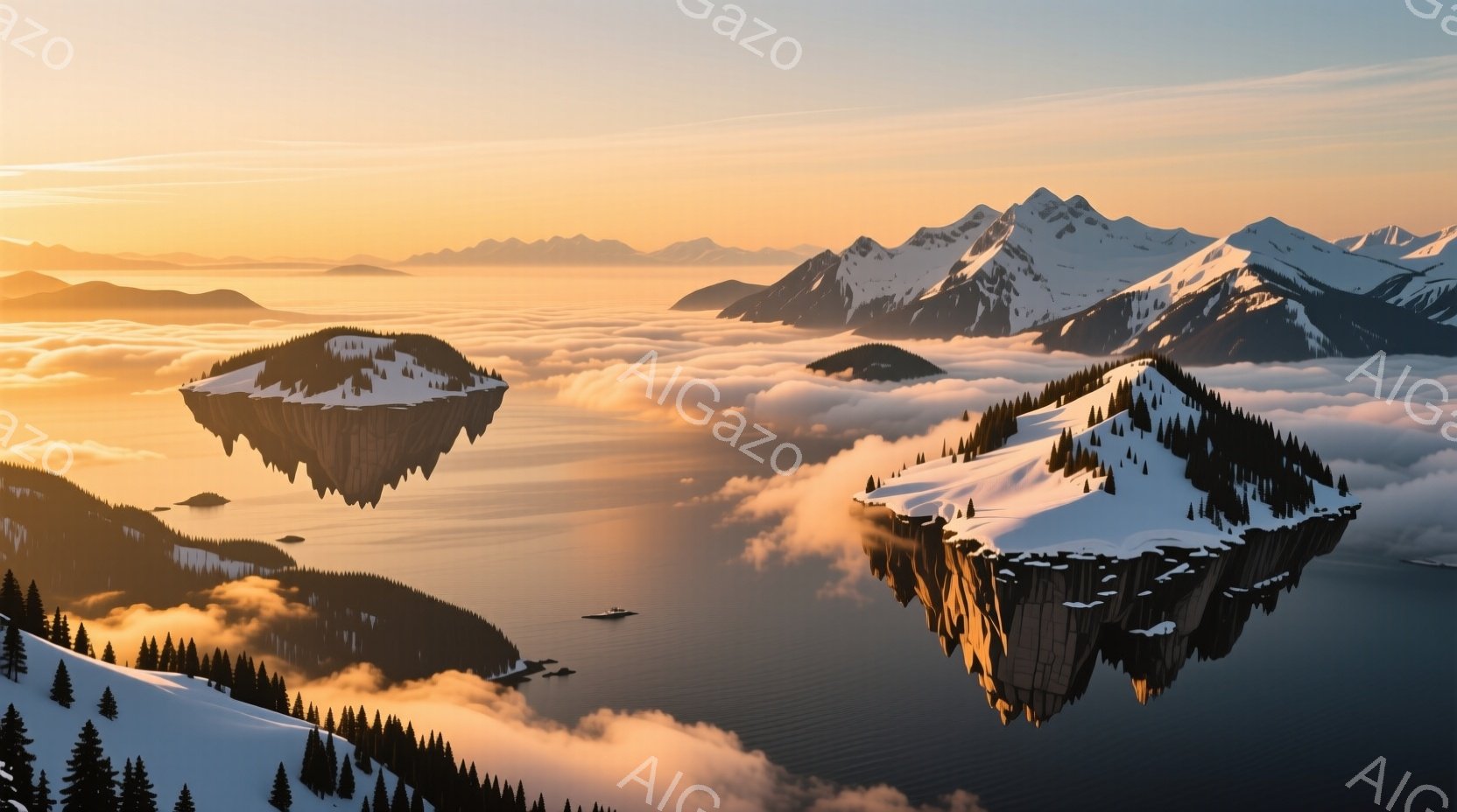 荘厳な雪山が連なり、その麓には雲海の上に浮かぶ孤立した山々が点在している。それぞれの山は雪に覆われ、緑豊かな針葉樹林が生い茂り、下には暗い岩の崖が広がっている。夕暮れ時の空はオレンジとピンクのグラデー - AI生成フリー素材