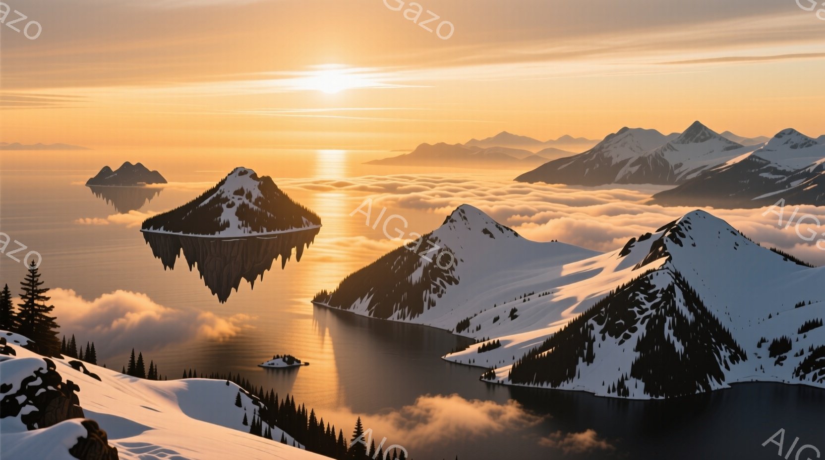 雲海に浮かぶ雪山が印象的な風景です。夕焼けのオレンジ色の光が山肌を照らし、雲海と雪山のコントラストが美しいです。遠くには連なる山々が霞んで見え、静かで幻想的な雰囲気を醸し出しています。 - AI生成フリー素材