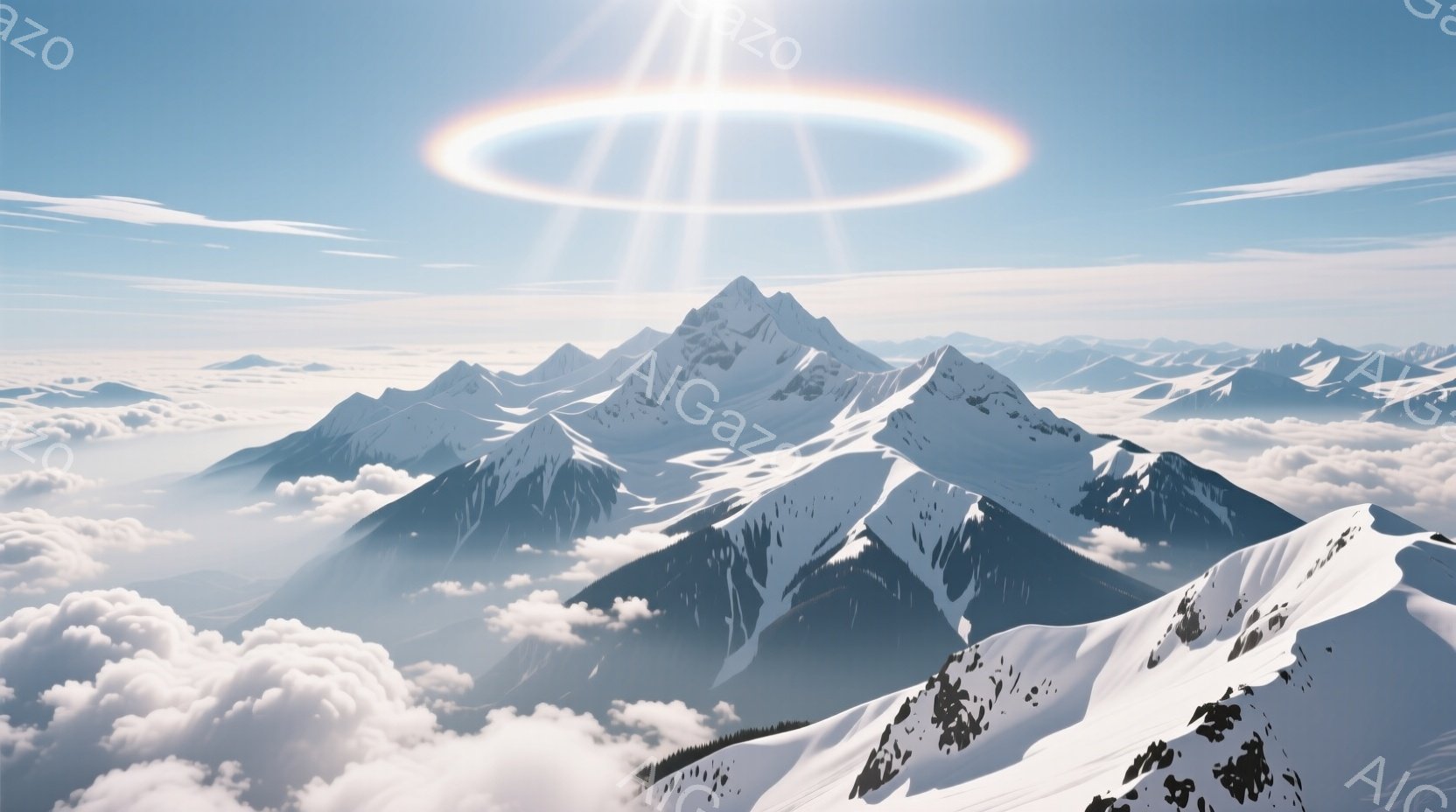 険しい雪山が雲海から顔を出し、荘厳な光輪が山頂付近に輝いている。雪は白く、山の稜線は鋭く、冬の厳しさと静寂が感じられる。雲海は柔らかい光に照らされ、幻想的な雰囲気を醸し出している。 - AI生成フリー素材