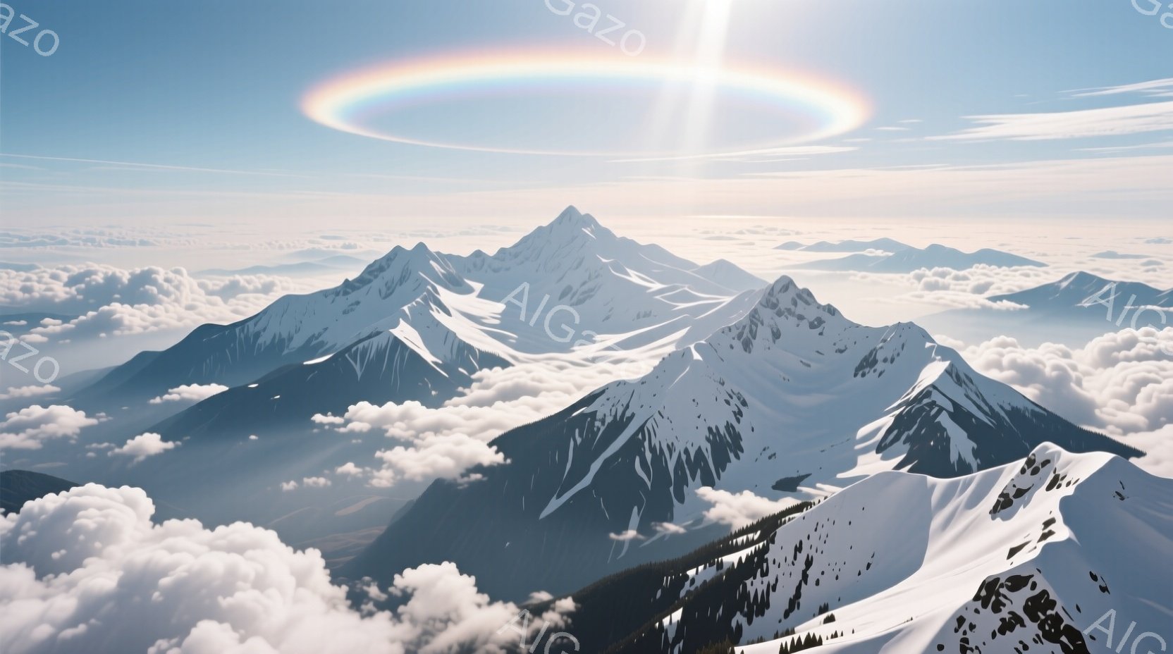 雄大な山々が雲海から顔を出し、雪をまとった峰々は力強い印象を与える。太陽の周りには虹色の光の輪が輝き、幻想的な雰囲気を醸し出している。雲と雪のコントラストが美しく、壮大な自然の風景が広がる。