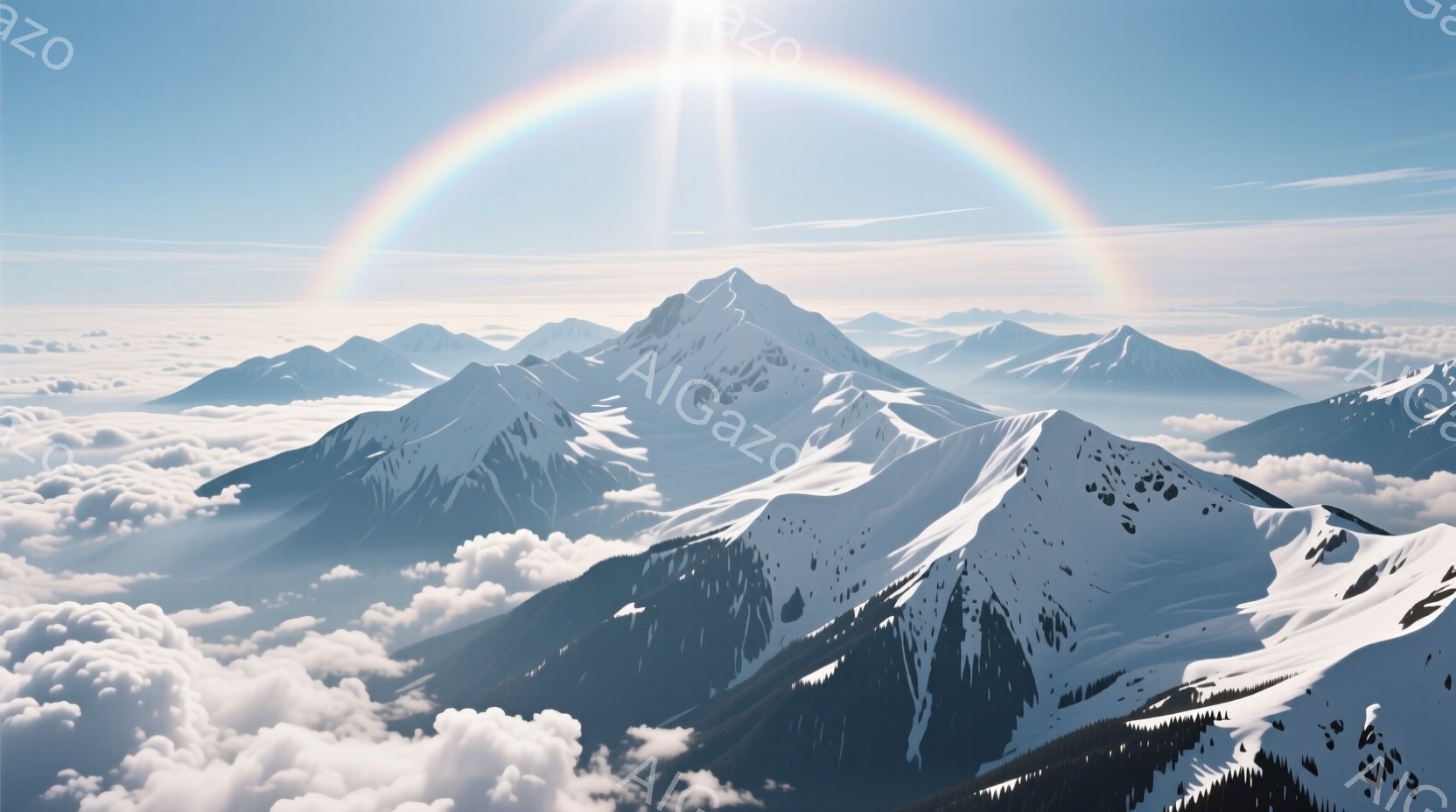 雄大な雪山が雲海から頭を出しており、山肌は白い雪に覆われている。空には鮮やかな虹がかかり、太陽光が雲間から差し込み、幻想的な雰囲気を醸し出している。全体的に静かで平和な、自然の壮大さを感じさせる風景である。