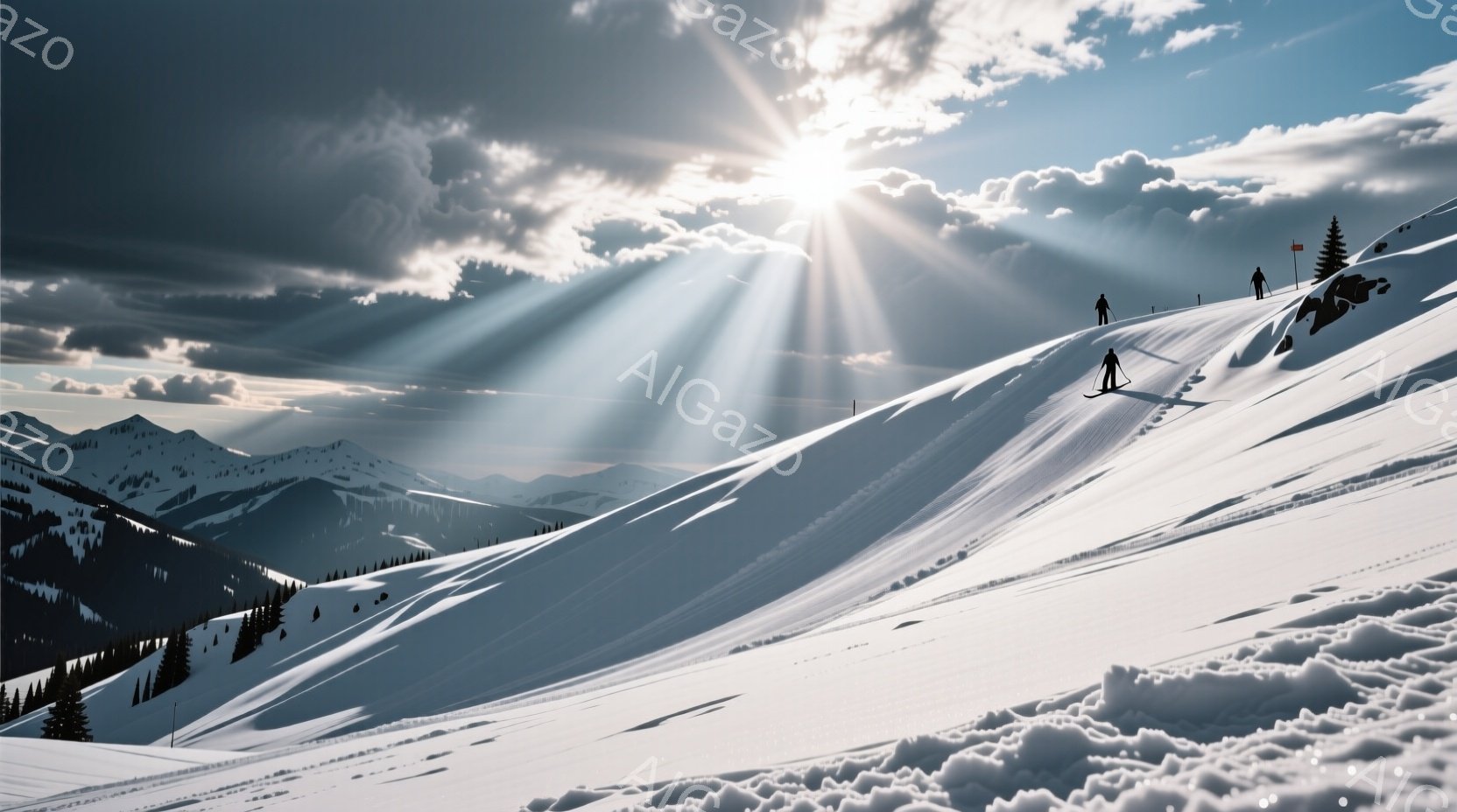 雪山が広がり、太陽の光が雲間から強く差し込んでいる。スキーヤーが斜面を滑り降りており、背景には針葉樹の森と遠くの山々が見える。全体的に冷たく輝かしい冬の風景で、爽やかな空気感と静寂さが感じられる。 - AI生成フリー素材
