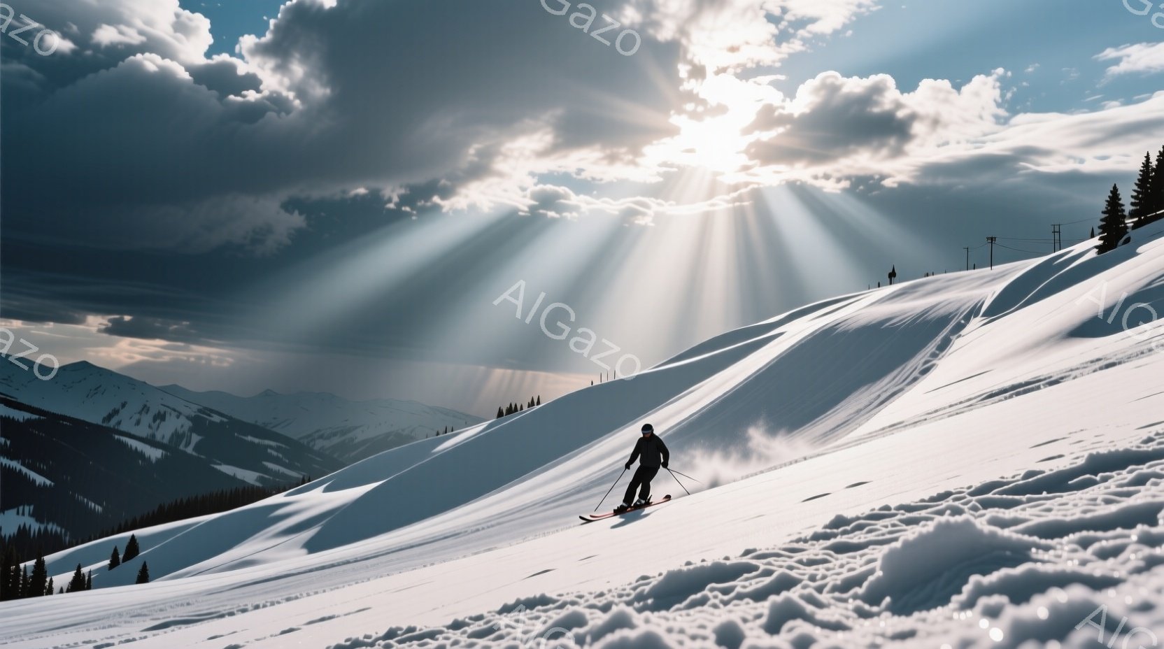 スキーヤーが雪山を滑降している様子が捉えられています。黒いスキーウェアとヘルメットを着用し、勢いよく斜面を下っています。背景には雪をまとった山々が広がり、太陽光線が雲間から差し込み、幻想的な雰囲気を醸し出しています。