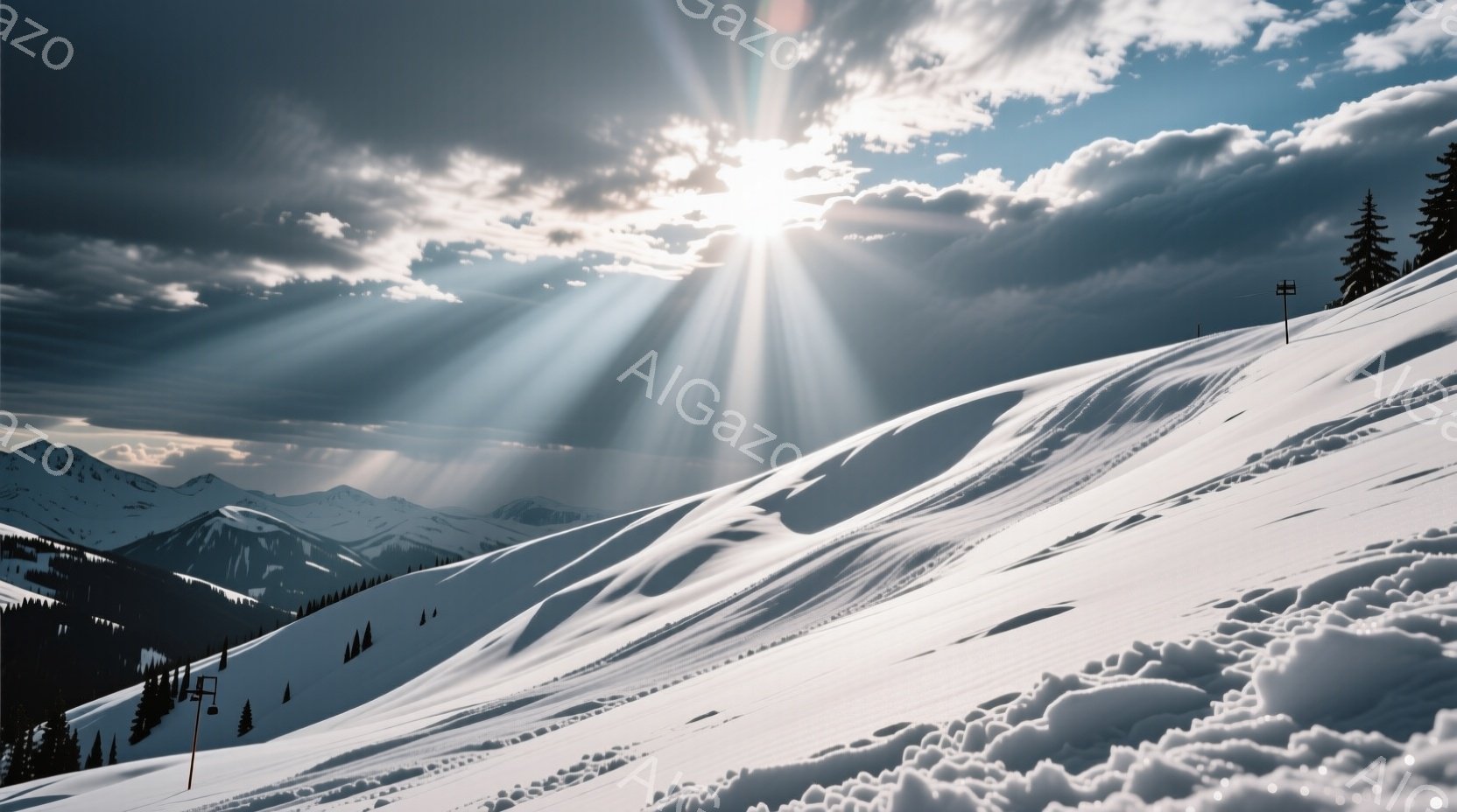太陽の光が雲間から差し込み、雪山の斜面を照らしている。遠くには連なる山々が雪をまとっており、雪の起伏が美しい模様を描いている。空気は澄んでおり、冬の静寂と雄大さを感じさせる景色だ。