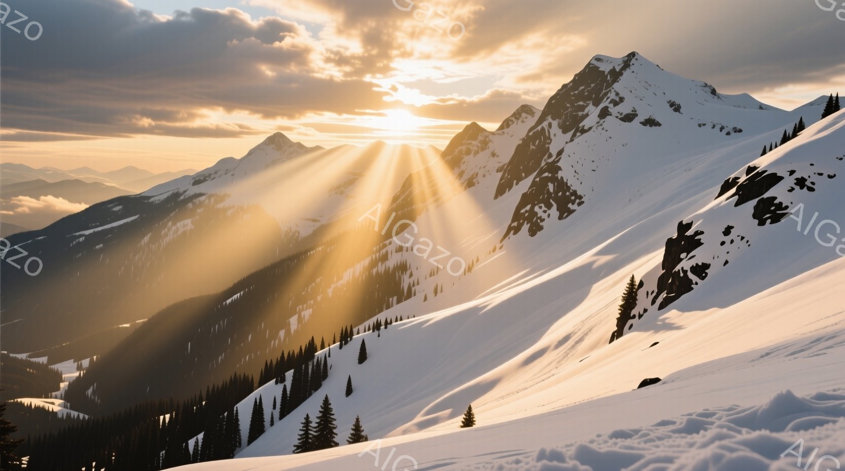 雄大な山々の雪景色が広がり、夕焼けの光が雲間から差し込み、雪面に美しい輝きを投げかけている。針葉樹林が山肌を覆い、雪原に緑のアクセントを加えている。全体的に荘厳で静寂な雰囲気が漂い、自然の力強さと美しさが感じられる。