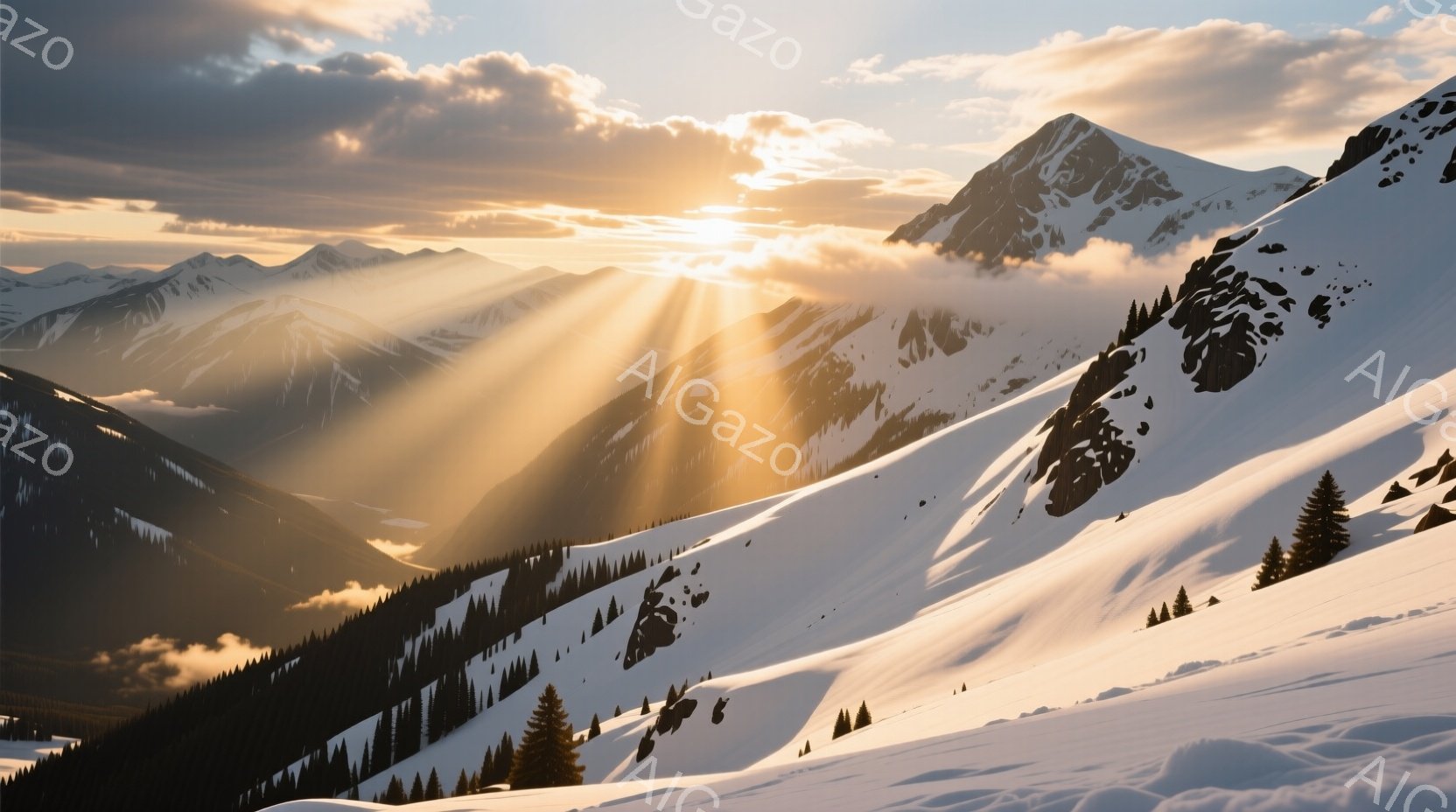 白銀の山々が連なり、その頂上から差し込む太陽光が雪面を照らし、壮大な景色を作り出している。山肌には針葉樹林が点在し、雪と緑のコントラストが美しい。空には雲が広がり、夕焼けのような温かい光が辺りを包み込み、静寂で神秘的な雰囲気が漂っている。