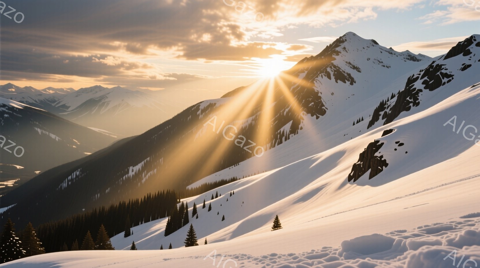 雪に覆われた山々が広がり、太陽の光線が雲間から差し込み、ドラマチックな風景を作り出している。山肌は白く、所々に緑の針葉樹林が点在し、雪のコントラストが美しい。全体的に静寂で荘厳な雰囲気で、冬の自然の力強さを感じさせる。