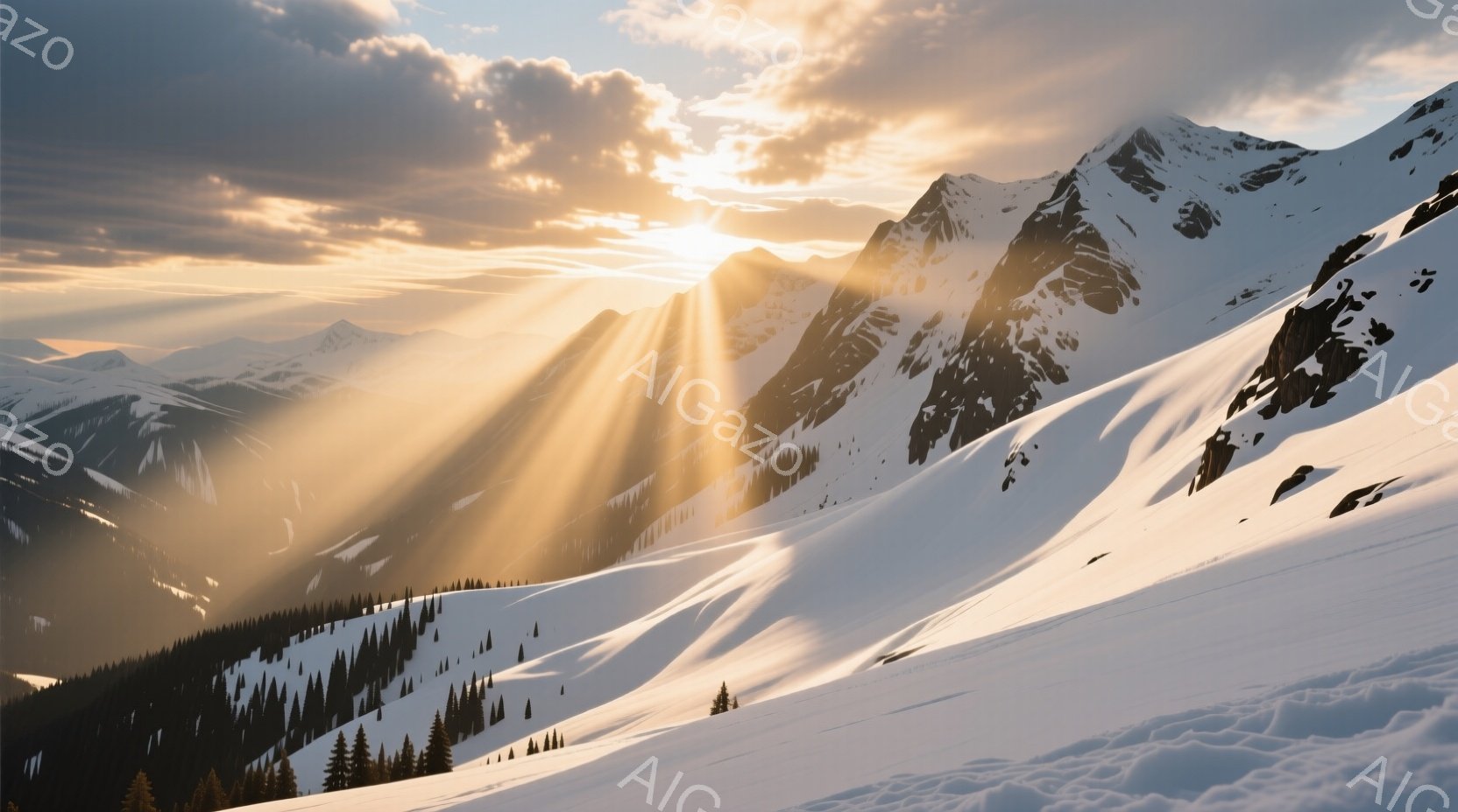 険しい雪山の風景で、太陽の光が雲間から差し込み、雪面にまばゆい光の筋が伸びている。山肌は雪で覆われ、針葉樹の森が麓に広がっている。全体的に静寂で荘厳な雰囲気であり、冬の自然の雄大さを感じさせる。