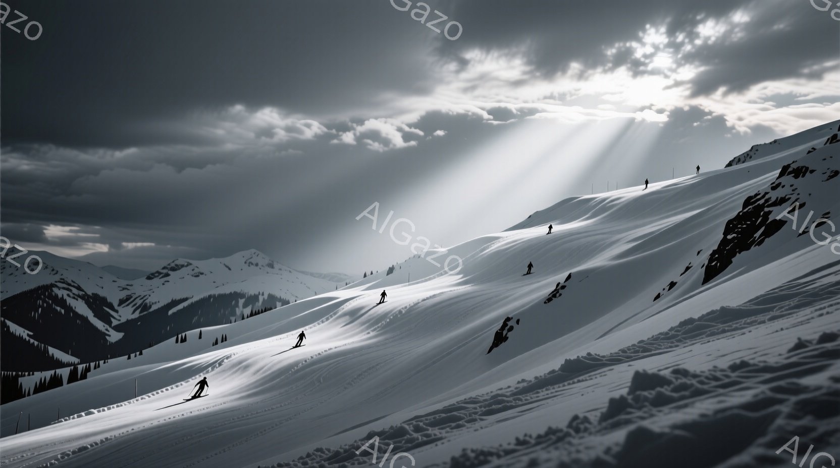 雪山をスキーヤーが滑走している様子が写っている。彼らは黒いスキーウェアを着用し、白い雪と空のコントラストが際立つ。背景には遠くの山々と建物が見え、太陽光線が雲間から差し込み、静かで荘厳な雰囲気を醸し出 - AI生成フリー素材