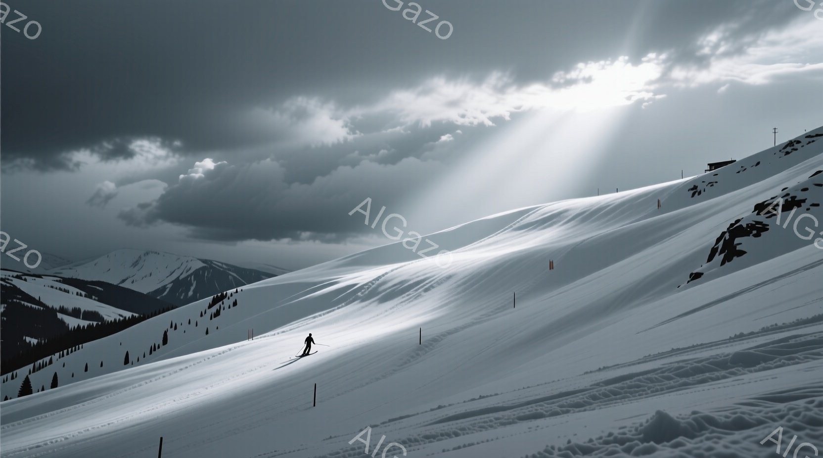 雪を覆った山々の斜面を、スキーヤーが滑走している。スキーヤーは黒いスキーウェアを着用し、ヘルメットを被っているため、顔の表情は確認できないが、滑走姿勢から活発で楽しんでいる様子が伺える。背景には、針葉樹林と曇り空が広がり、光芒が差し込むことで、壮大で静寂な冬の風景が表現されている。