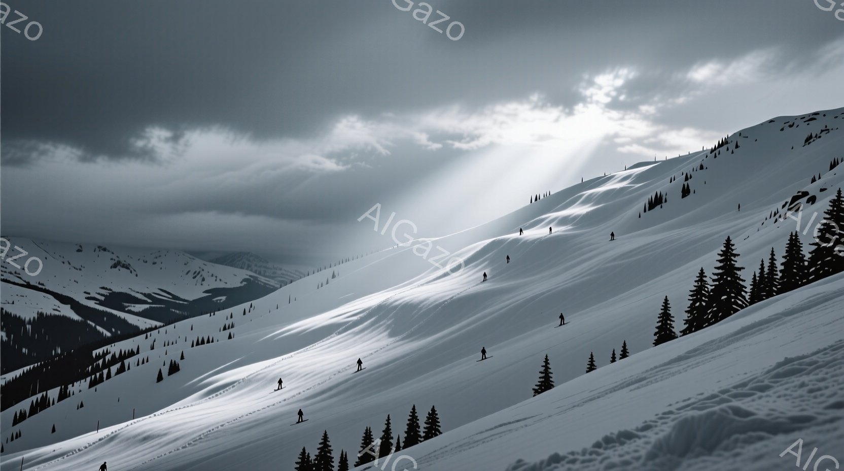 白い雪に覆われた山斜面には、スキーヤーが点在し、滑走を楽しんでいる。遠くには雪化粧した山々が連なり、空は厚い雲に覆われているが、一部に光が差し込み、ドラマチックな雰囲気を醸し出している。全体的にモノクロに近い色調で、静寂で凛とした冬の風景が表現されている。
