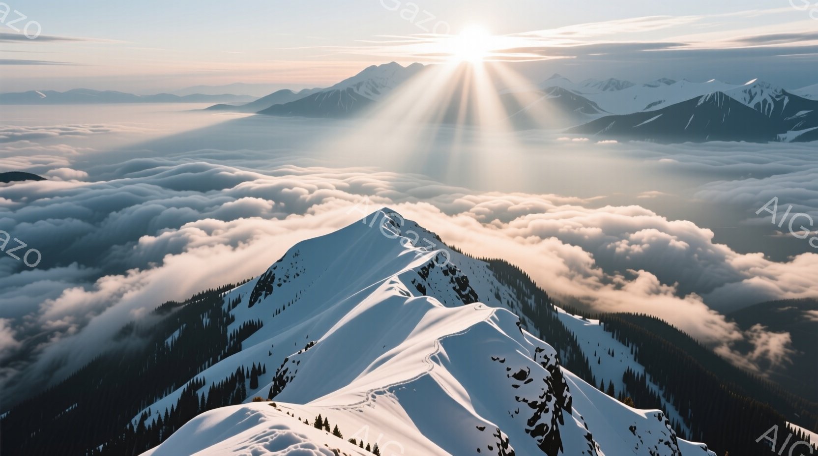 雪をまとった山々が、雲海からそびえ立つ壮大な景色が広がっている。太陽光線が雲間から差し込み、雪山を照らし出し、神聖で神秘的な雰囲気を醸し出している。手前の山肌にはスキーヤーの軌跡が残り、冬の自然を満喫する様子が伺える。