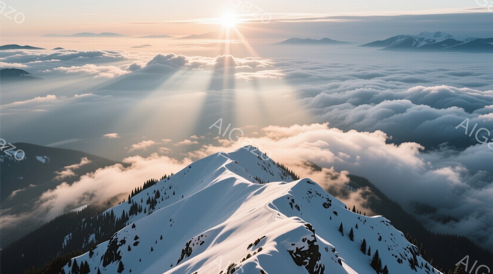 鮮やかな雪山が雲海から顔を出し、朝日が眩しい光線を投げかけている。山頂付近の雪はきめ細かく、山の稜線は鋭く、力強い印象を与える。雲海はまるで白い波のようで、山々を包み込み、幻想的な雰囲気を醸し出している。