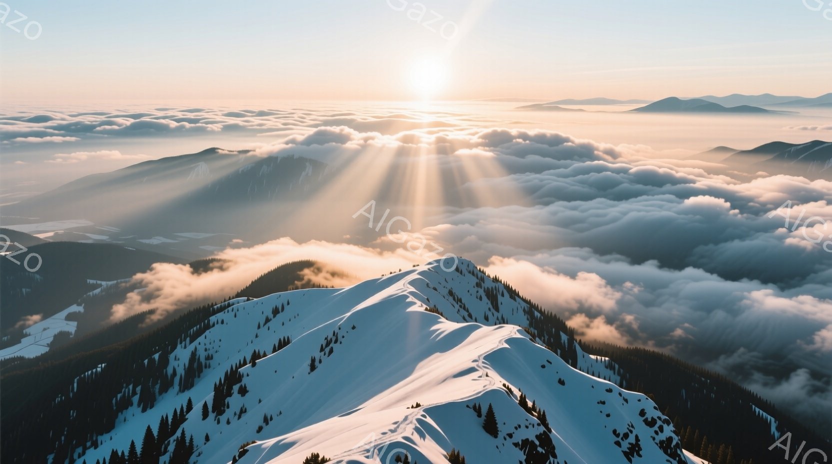雪をまとった山頂が、雲海からそびえ立ち、朝日が雲の隙間から差し込み、強い光線が雲海を照らしている。山肌にはわずかに緑が見え、雪と緑のコントラストが美しい。全体的に静寂で神秘的な雰囲気が漂い、自然の雄大さを感じさせる。